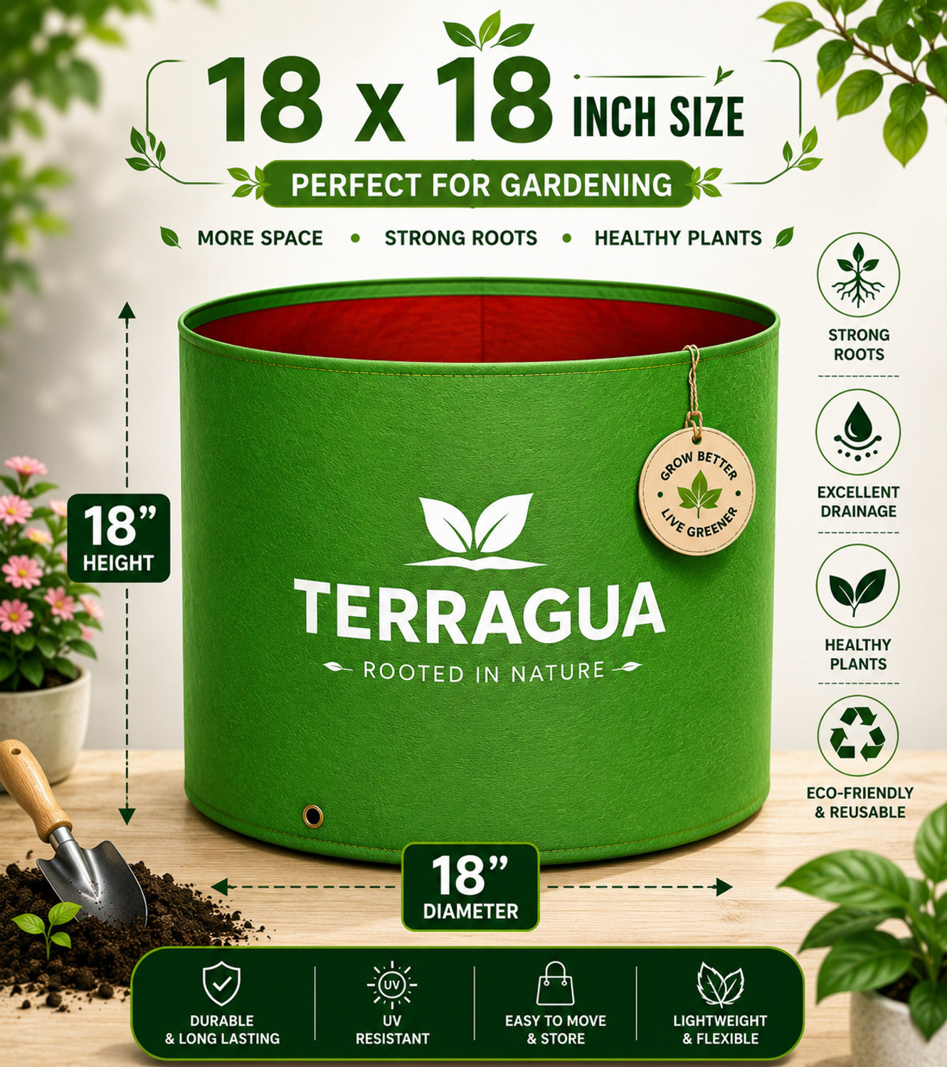 Image of TERRAGUA 18x18 Large Capacity Planting Containers for Terrace Farming 230 GSM Grow Bag