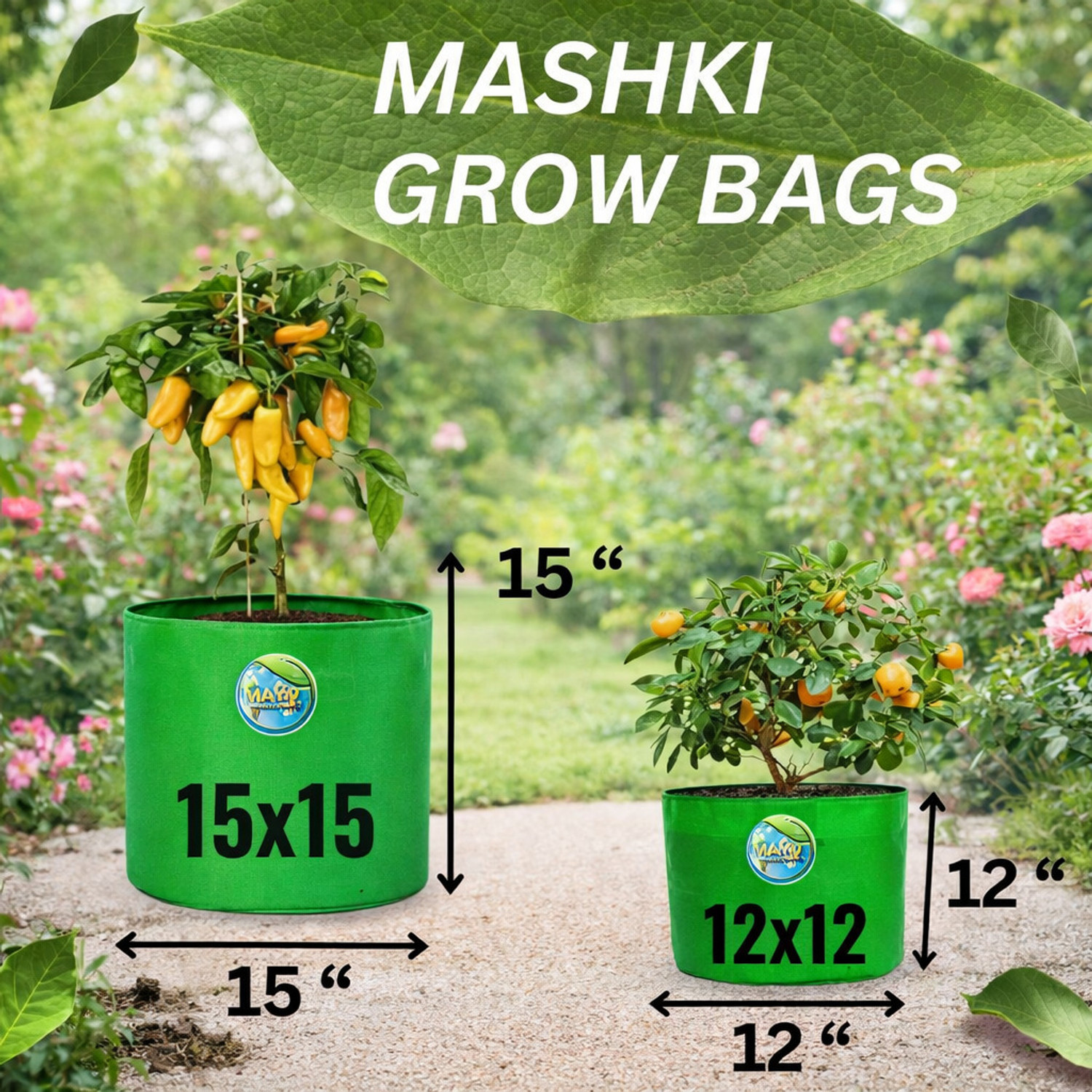 Image of MASHKI 12 inch x 12 inch - 3nos, 15 inch x 15 inch - 3nos, Pack of 6 Grow Bags for, Home &, Terrace Gardening Grow Bag