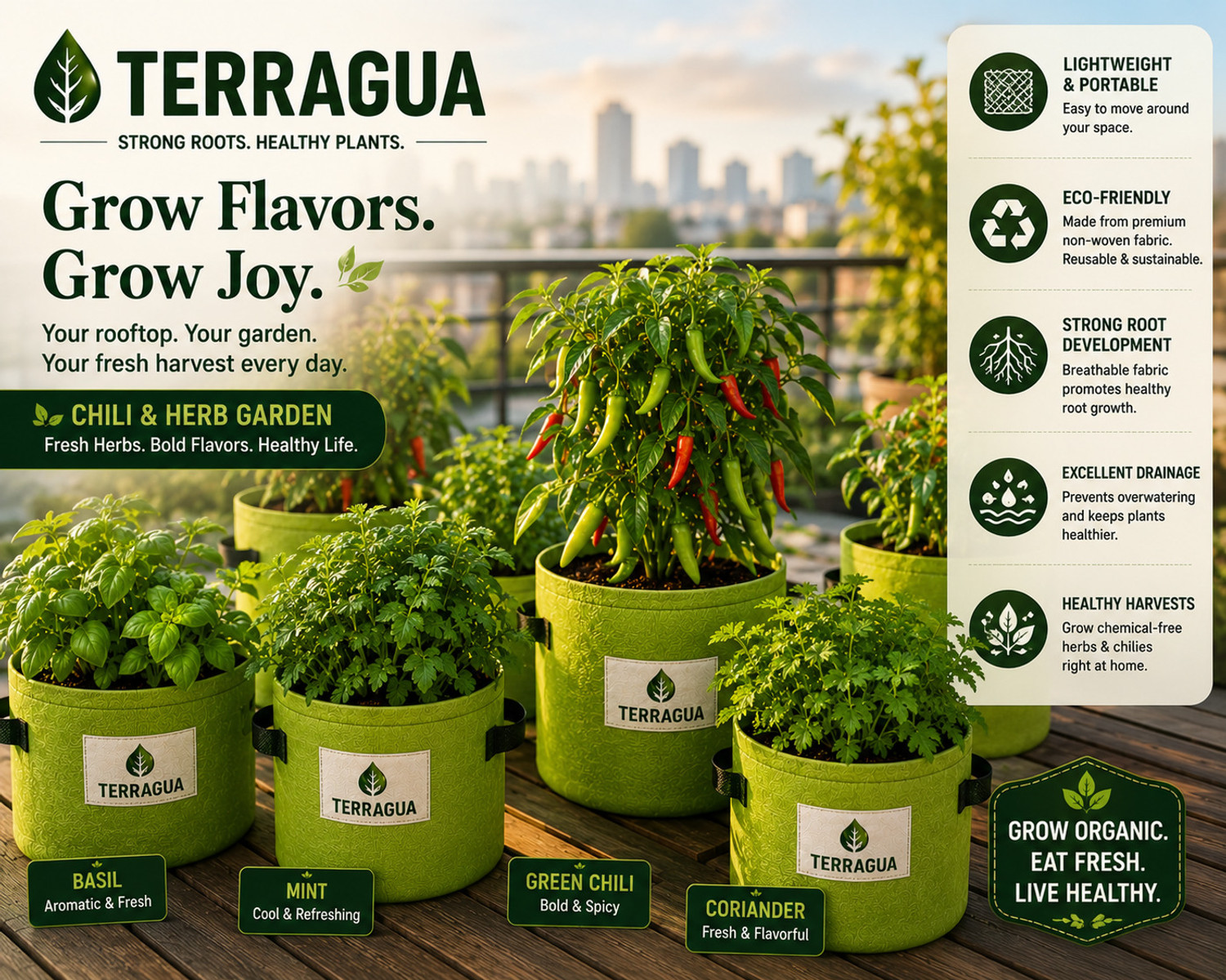 Image of TERRAGUA 18x18 Large Capacity Planting Containers for Terrace Farming 230 GSM Grow Bag