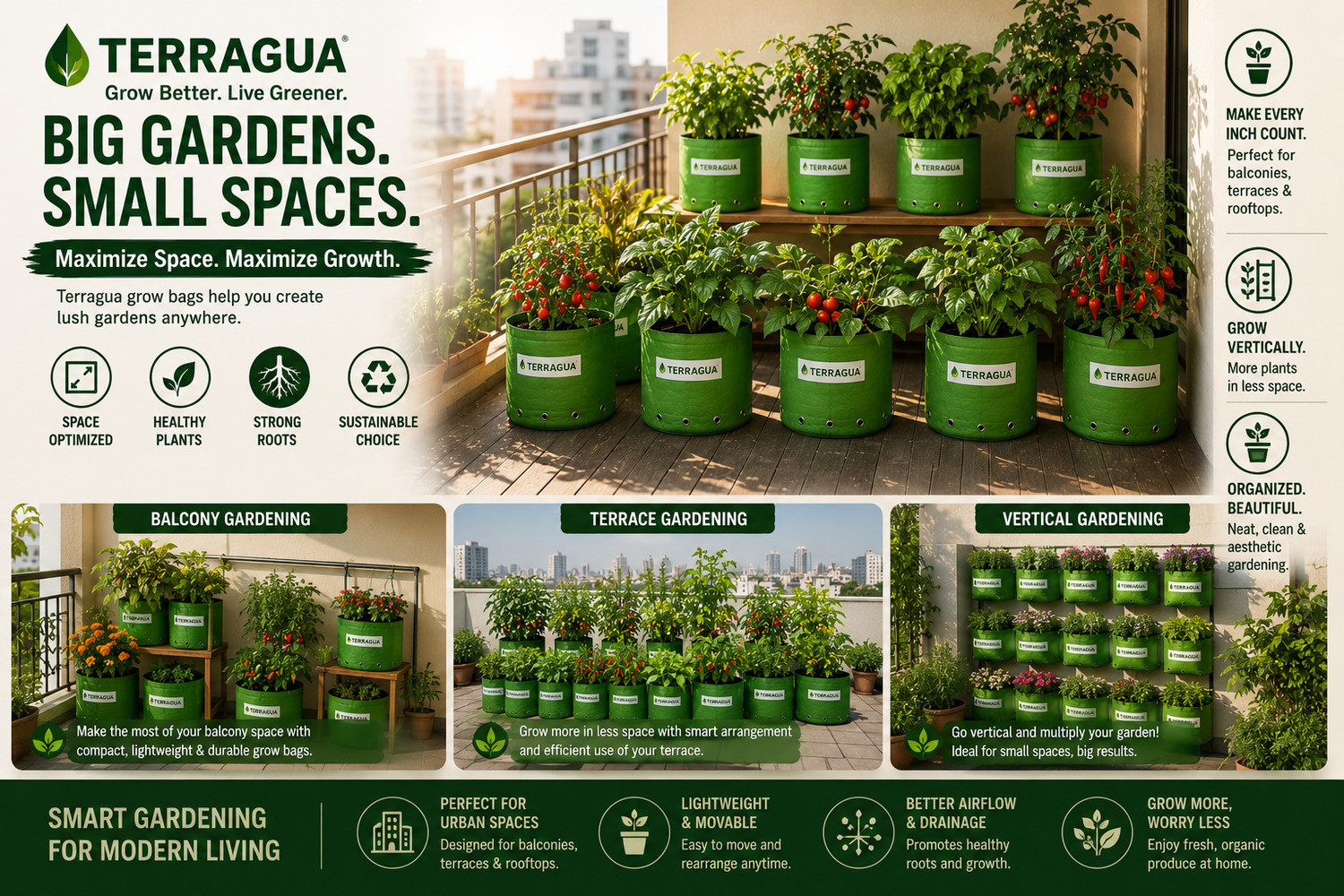 Image of TERRAGUA 18x18 Large Capacity Planting Containers for Terrace Farming 230 GSM Grow Bag