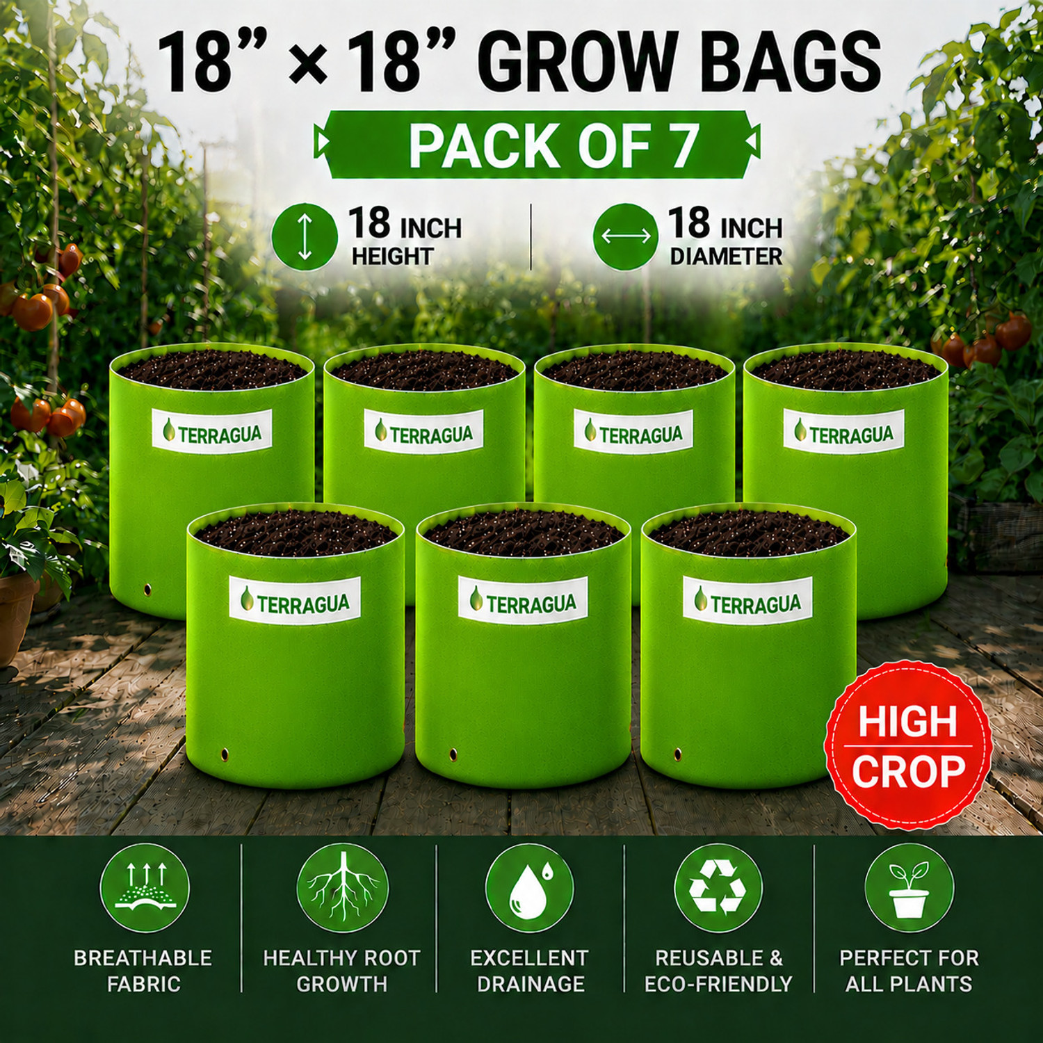 Image of TERRAGUA 18x18 Large Capacity Planting Containers for Terrace Farming 230 GSM Grow Bag