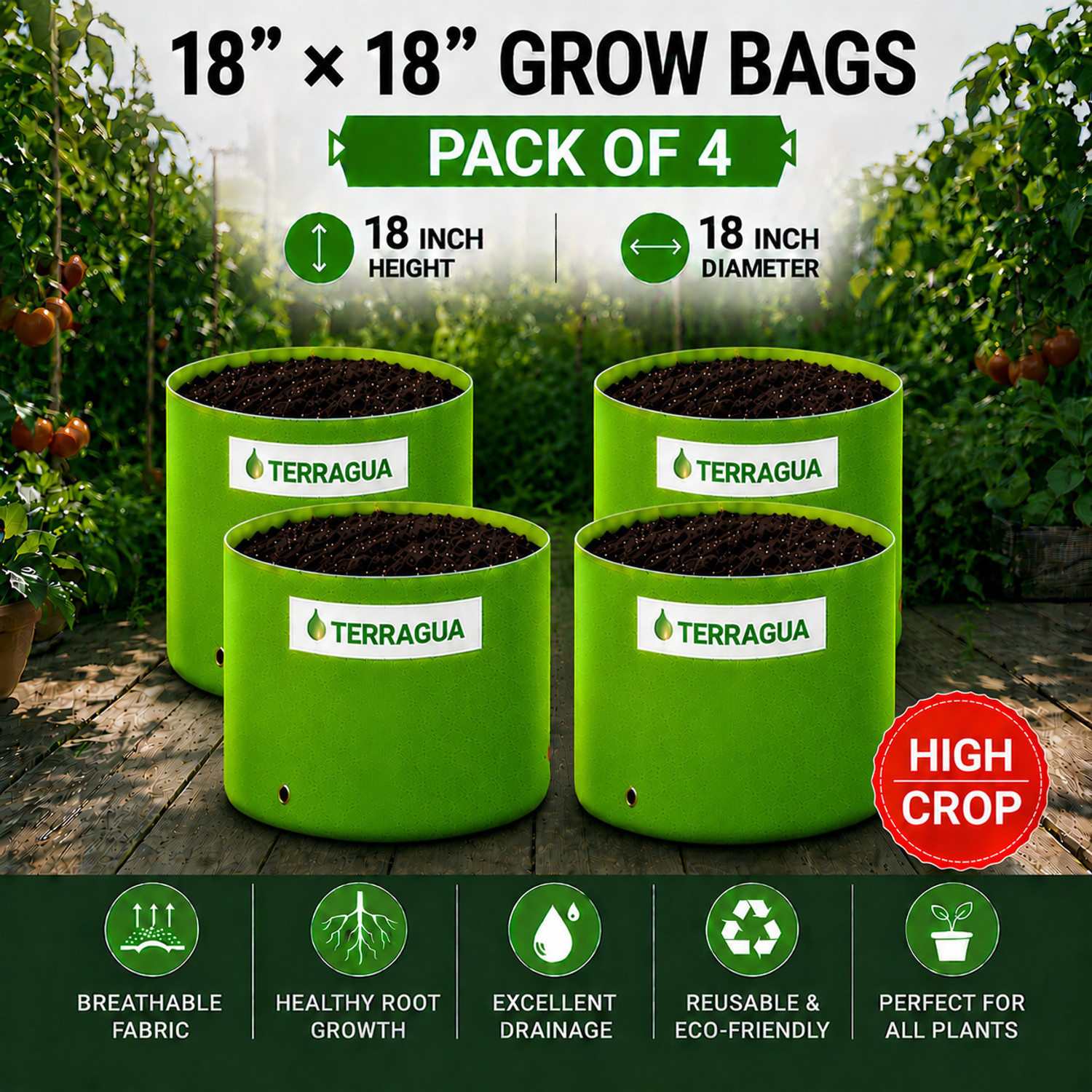 Image of TERRAGUA 18x18 Large Capacity Planting Containers for Terrace Farming 230 GSM Grow Bag