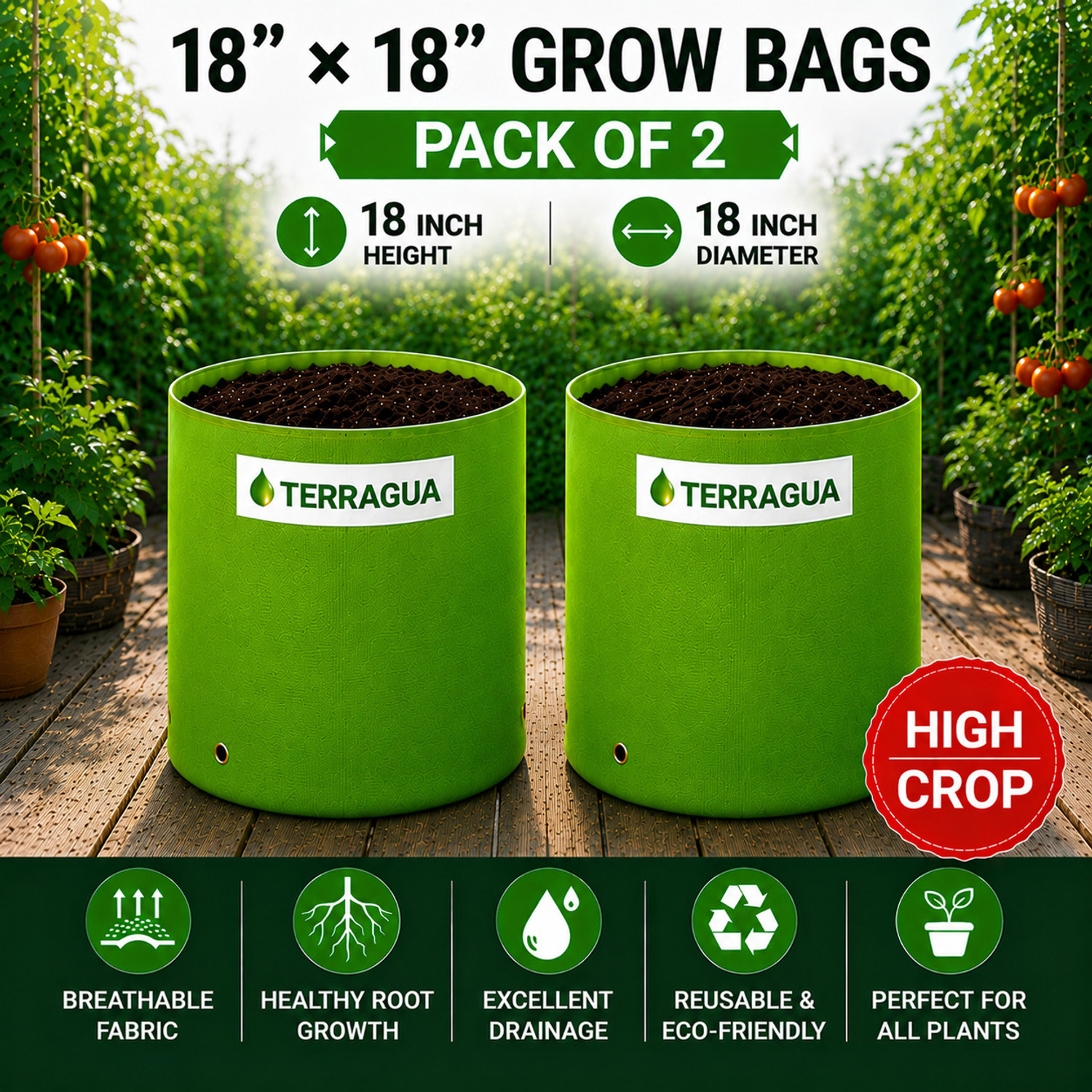 Image of TERRAGUA 18x18 Large Capacity Planting Containers for Terrace Farming 230 GSM Grow Bag
