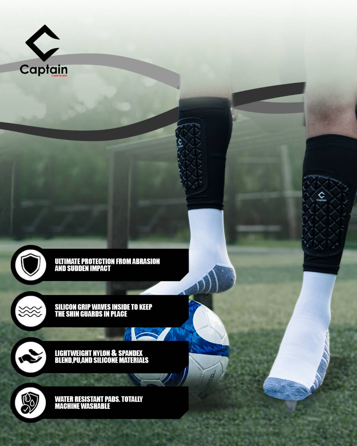CAPTAIN Sleeve Shinguards with Polyurethane Protection - Image 5