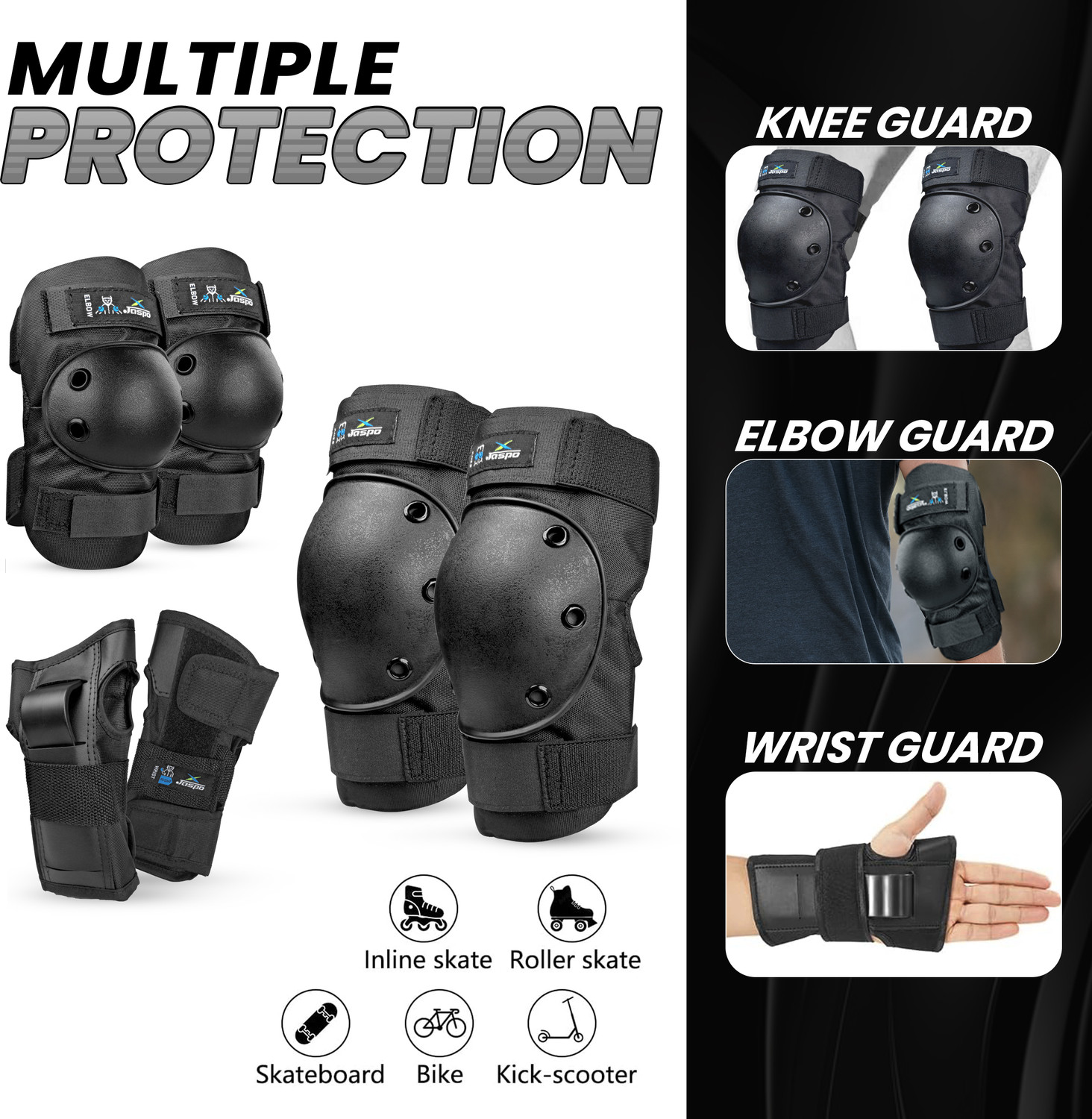 Image of Jaspo Impact Protective Gear Set|Knee, Elbow & Wrist Guards with PE Shell,8mm EVA Foam Skating Guard Combo