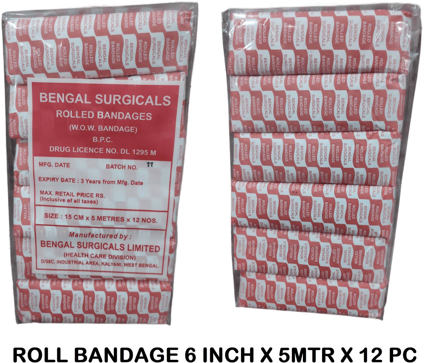 BENGAL SURGICALS Absorbent Cotton Medical Roll Bandage 6inch (15cm x 5mtr) (1 Pac i.e.12Rolls) Gauze Medical Dressing