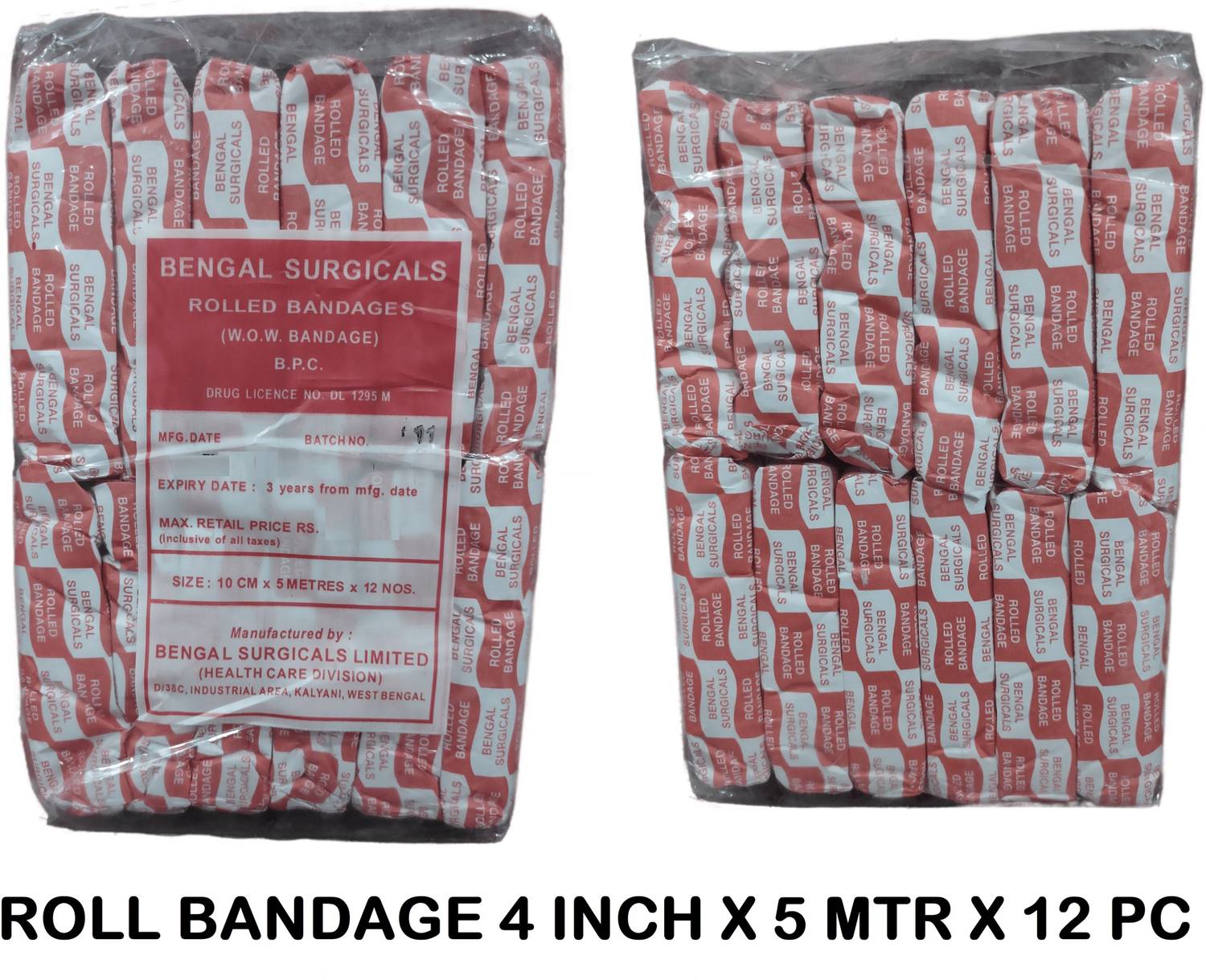 BENGAL SURGICALS Absorbent Cotton Medical Gauze Roll Bandage 4inch (10cm x 5mtr) (12 Rolls) Gauze Medical Dressing