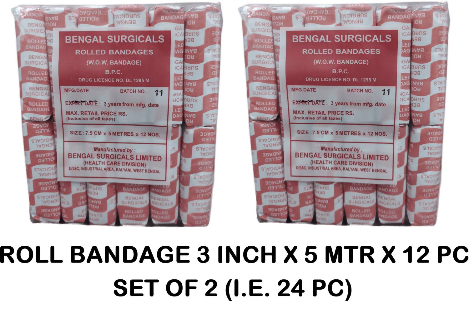 BENGAL SURGICALS Absorbent Cotton Medical Roll Bandage 3inch (7.5cm x 5mtr) (2 Pack i.e.24Rolls) Gauze Medical Dressing