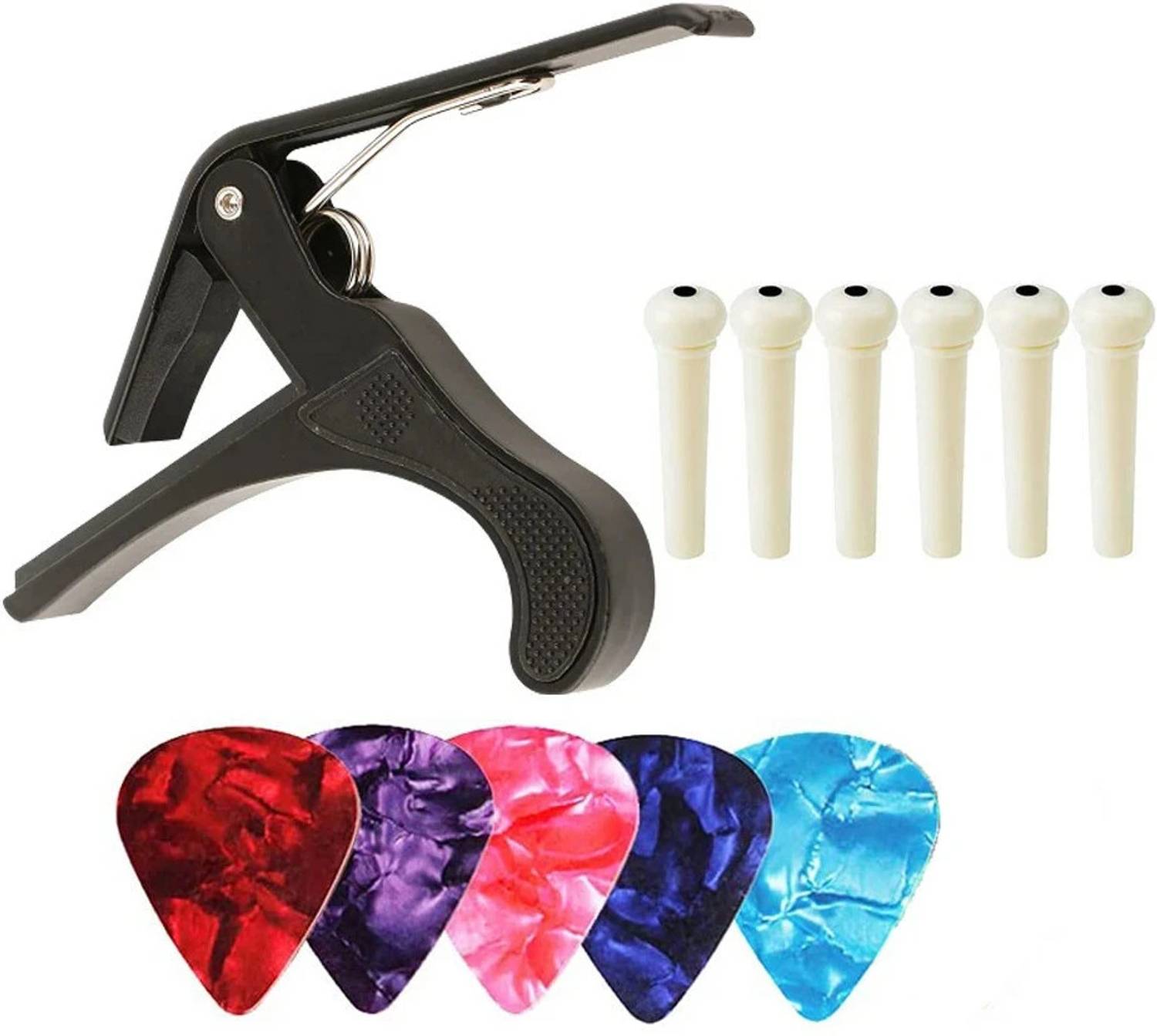 AMG Music Guitar Capo And Acoustic Guitar Bridge Pins Saddle Nut with 5 picks Combo Clutch Guitar Capo