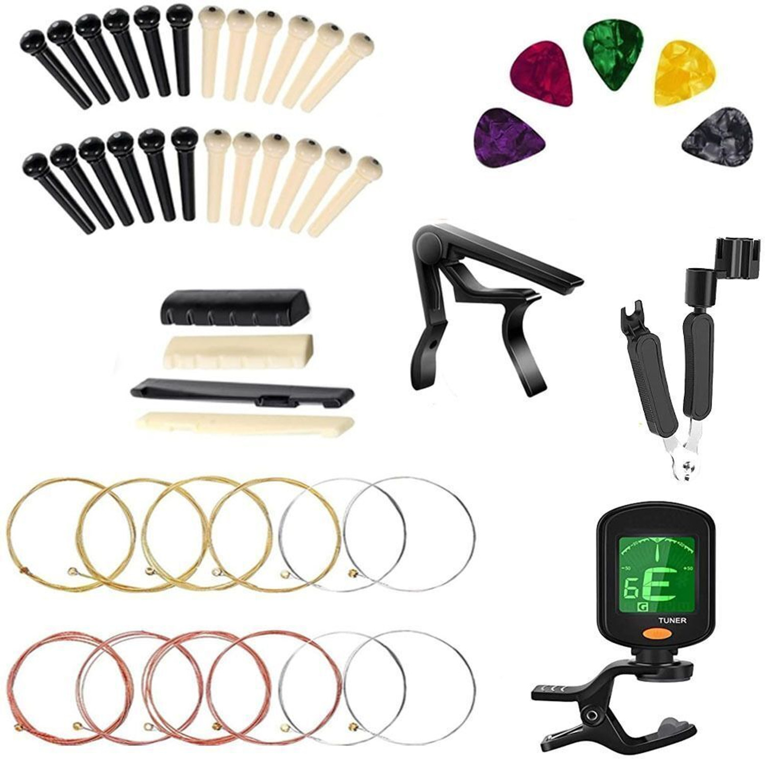 Image of AMG Music Acoustic Guitar Accessories 2 Guitar String, 2 Saddle Set, Capo ,Tuner, Winder and Picks Guitar String