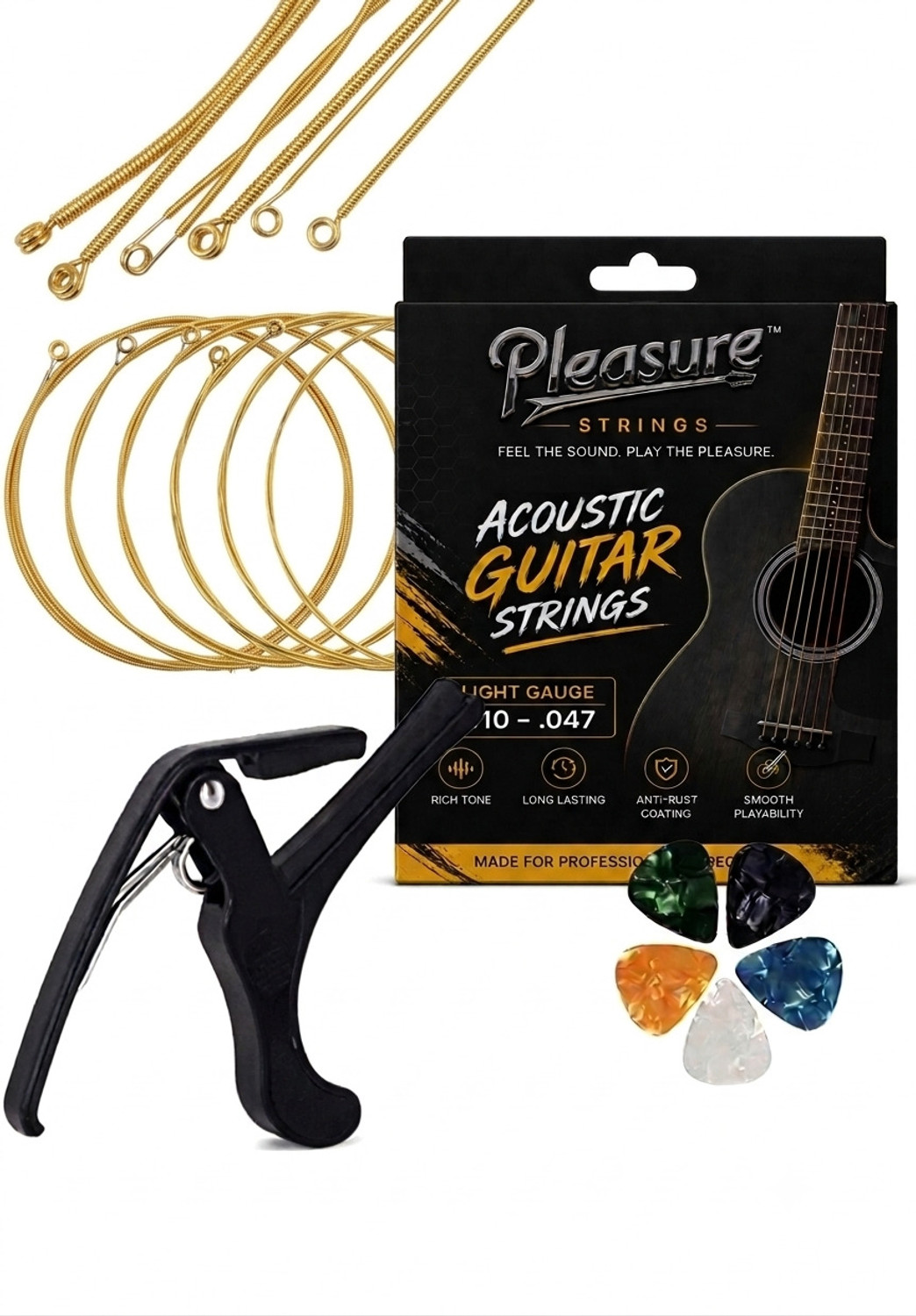 Image of Pleasure Acoustic Combo of Acoustic 6 Strings+ Capo+ 5 picks Guitar String