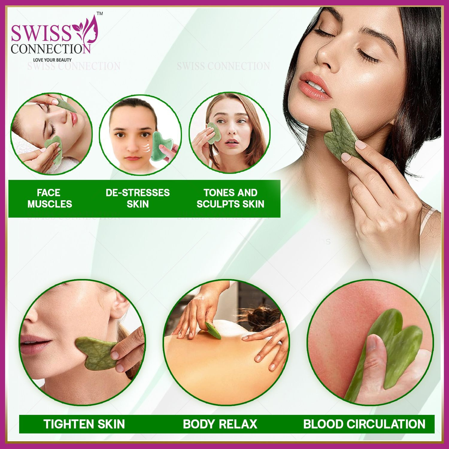 Image of Swiss Connection Gua-Sha Natural Stone for face Scraping Skin Massager Stone Gua-Sha Facial Tool