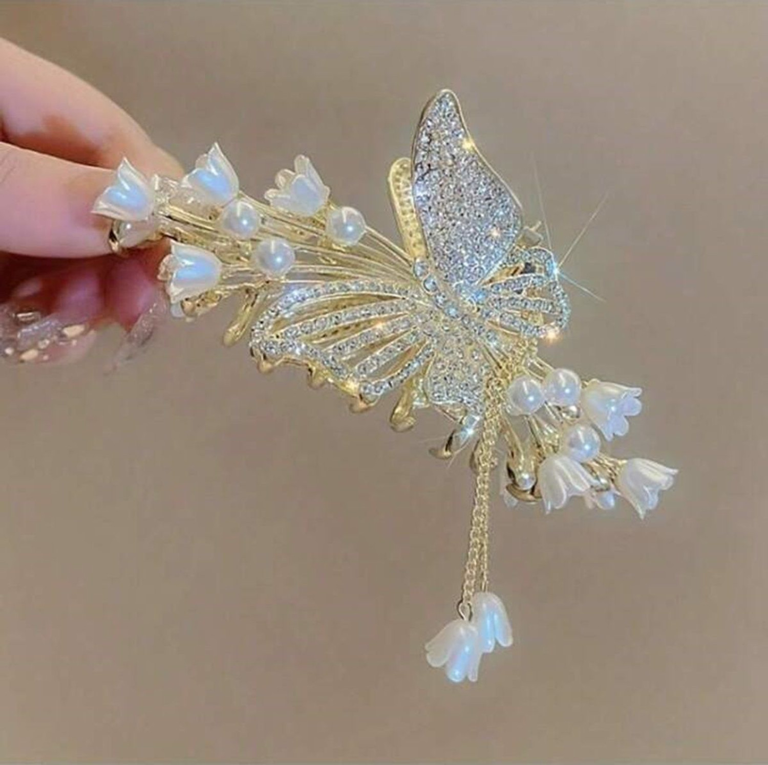 Image of BeautyCulture Premium Large Butterfly Rhinestone Faux Pearl Tassel Fringe Hair Clip Hair Hair Claw