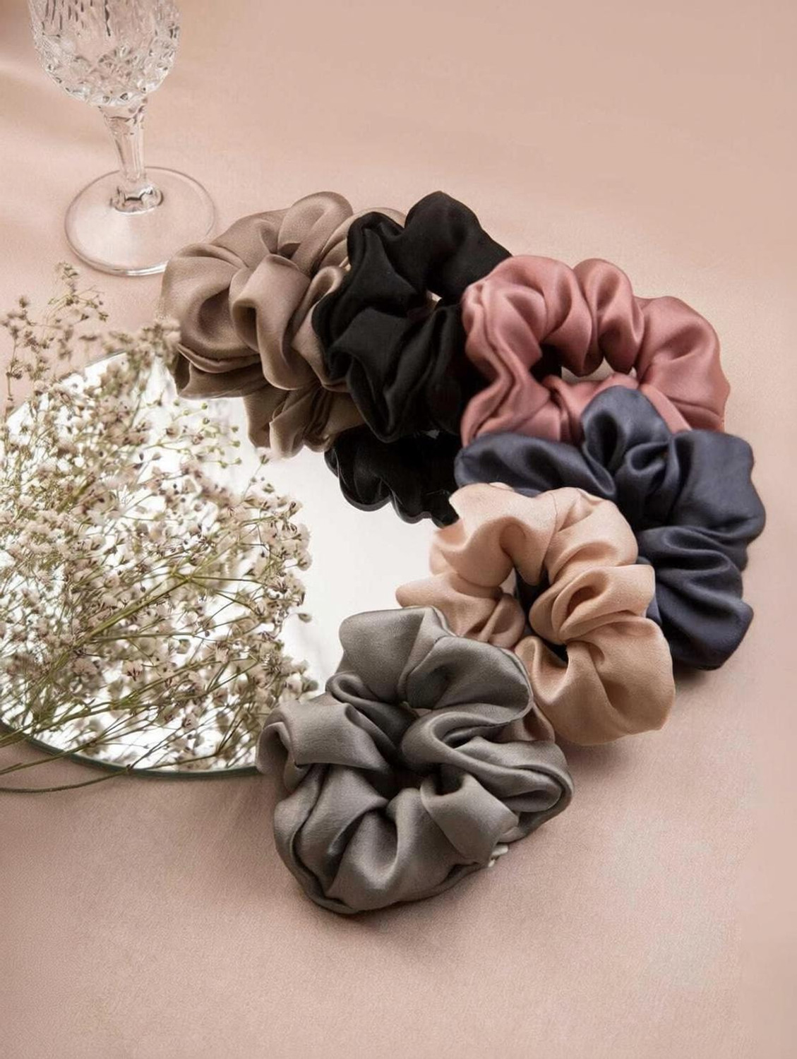 Image of IndusArt Luxury satin Silk Scrunchie Collection Pack of Six Rubber Band