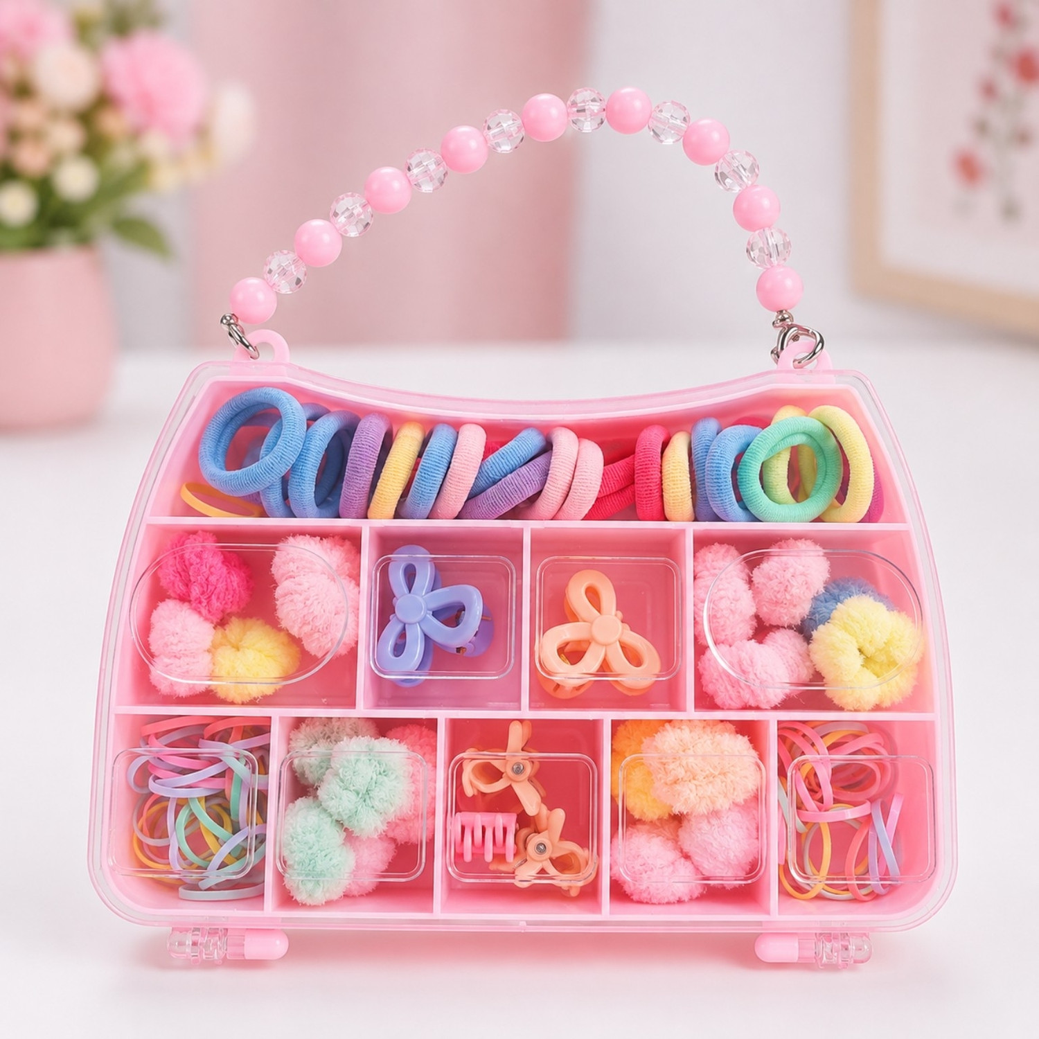 Image of ISHVIKCREATIONS 2-in-1 Hair Accessories Storage Box for Girls with Bracelet Handle Hair Accessory Set