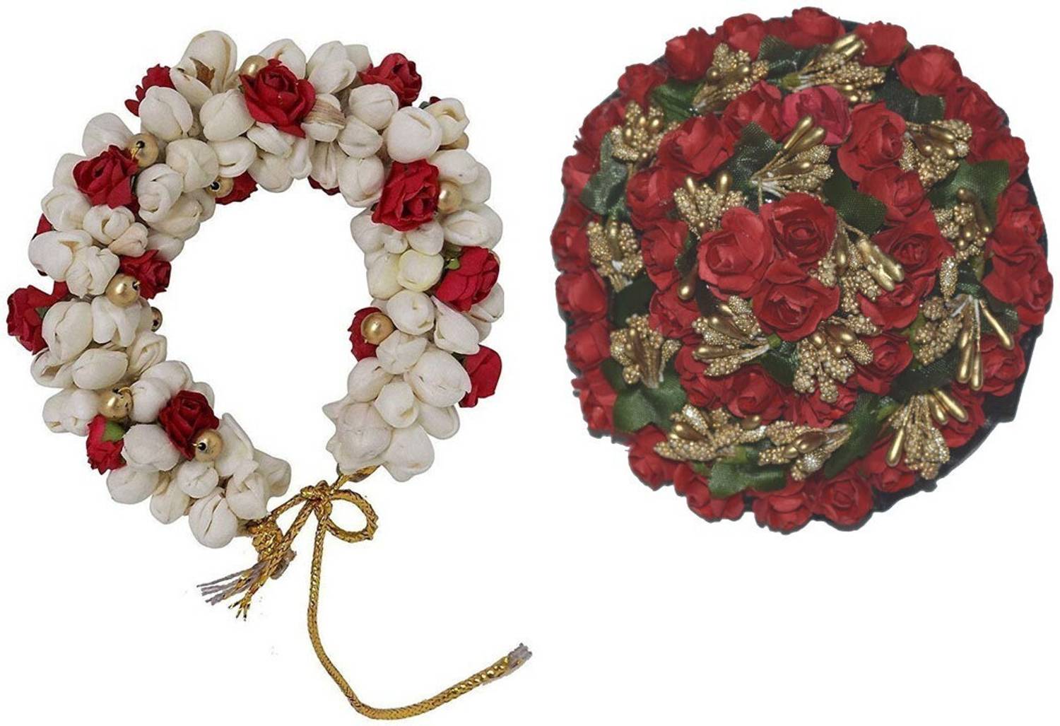 AROOMAN ™ Hair Bun Combo Mogra Artificial Gajra & Full juda Bun for Women in White and Red Pack-02 Bun