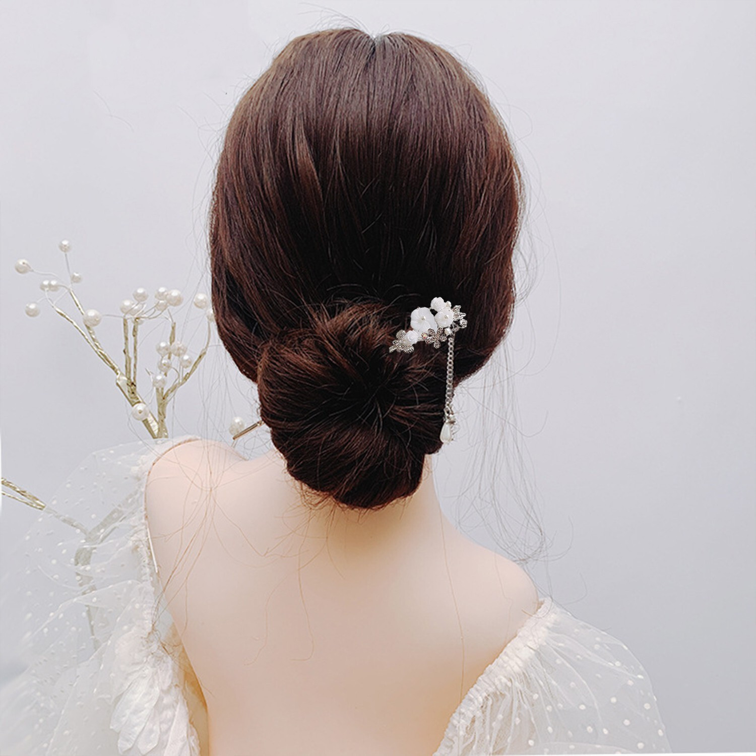 Image of SYGA Ancient Style Pearl Metal Hair Stick For Women Girls-White Flower Bun Stick