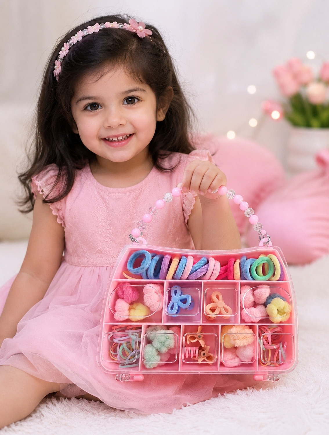 Image of ISHVIKCREATIONS 2-in-1 Hair Accessories Storage Box for Girls with Bracelet Handle Hair Accessory Set