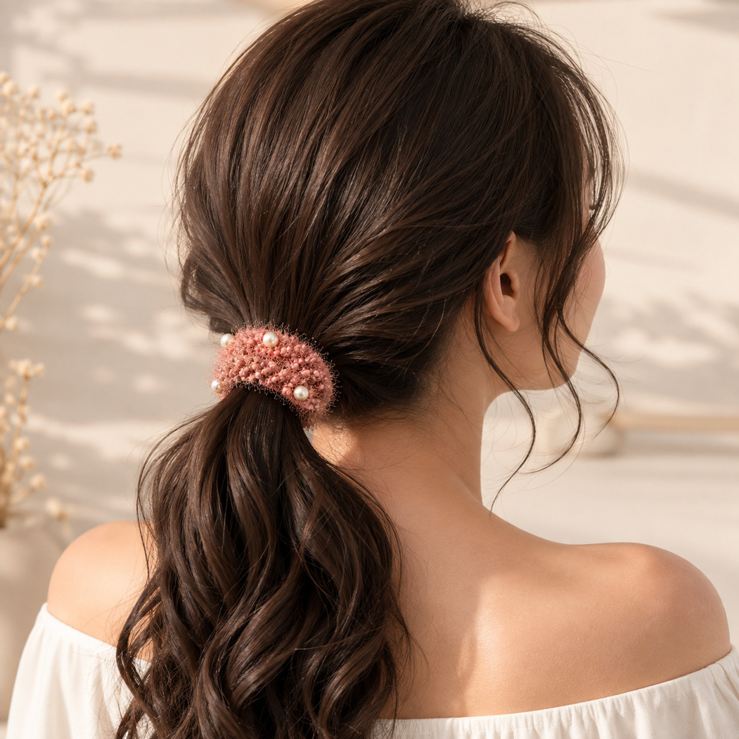 Image of CraftyGlam by Chitrakala Premium Pearl Embellished Fuzzy Scrunchies for Women & Girl Pack of 5 Rubber Band