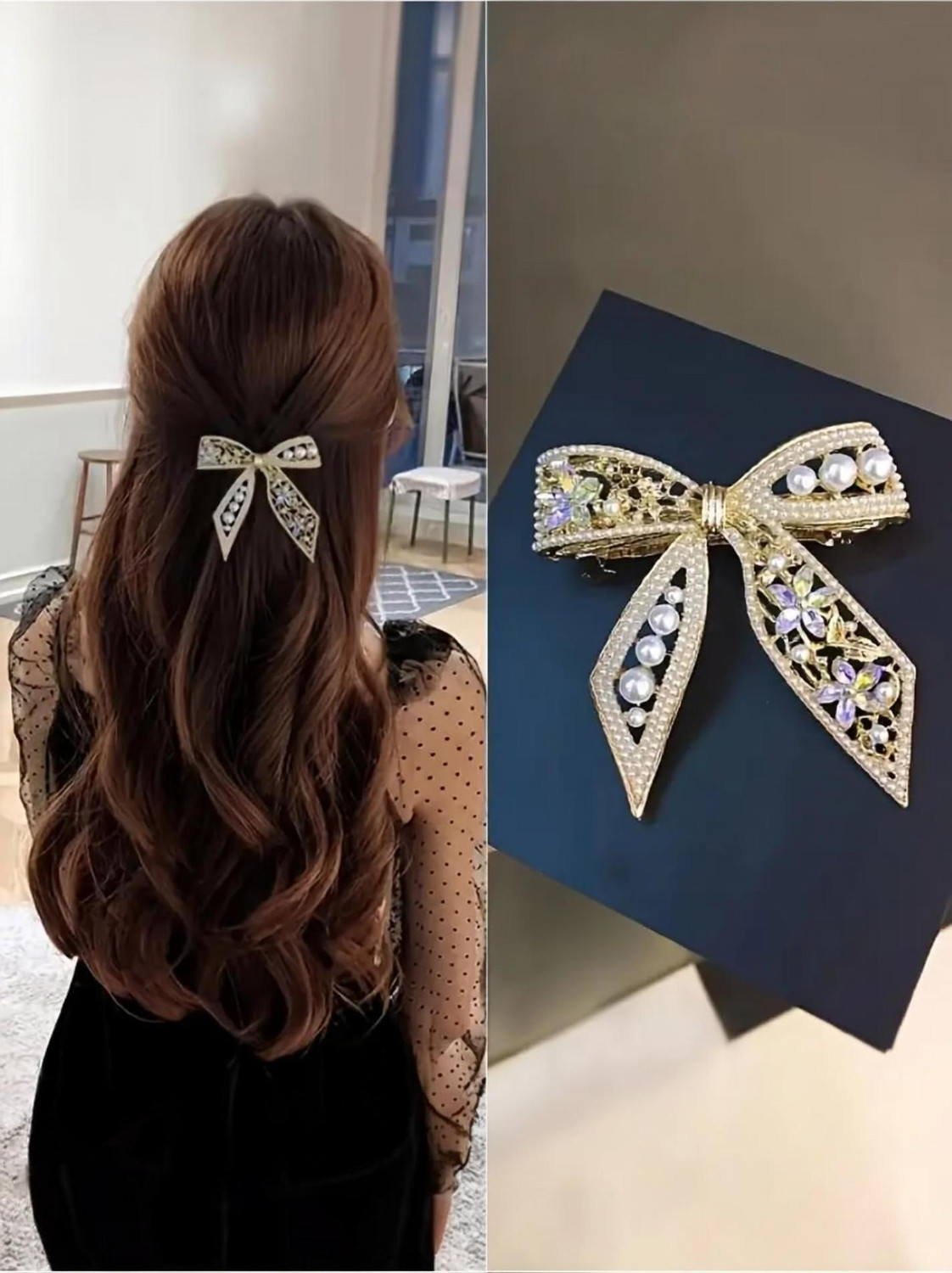 Image of Blubby Elegant Golden-Tone Crystal & Pearl Bow Hair Clip Claw for Women Hair Claw
