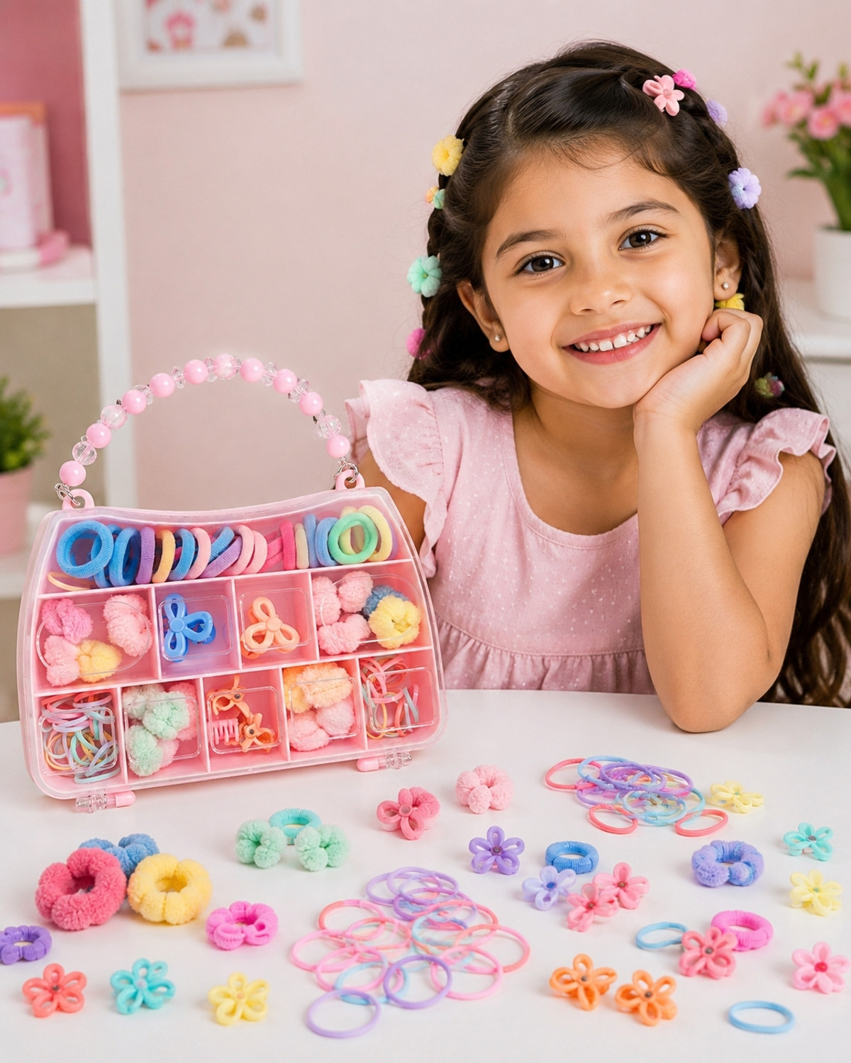 Image of ISHVIKCREATIONS 2-in-1 Hair Accessories Storage Box for Girls with Bracelet Handle Hair Accessory Set