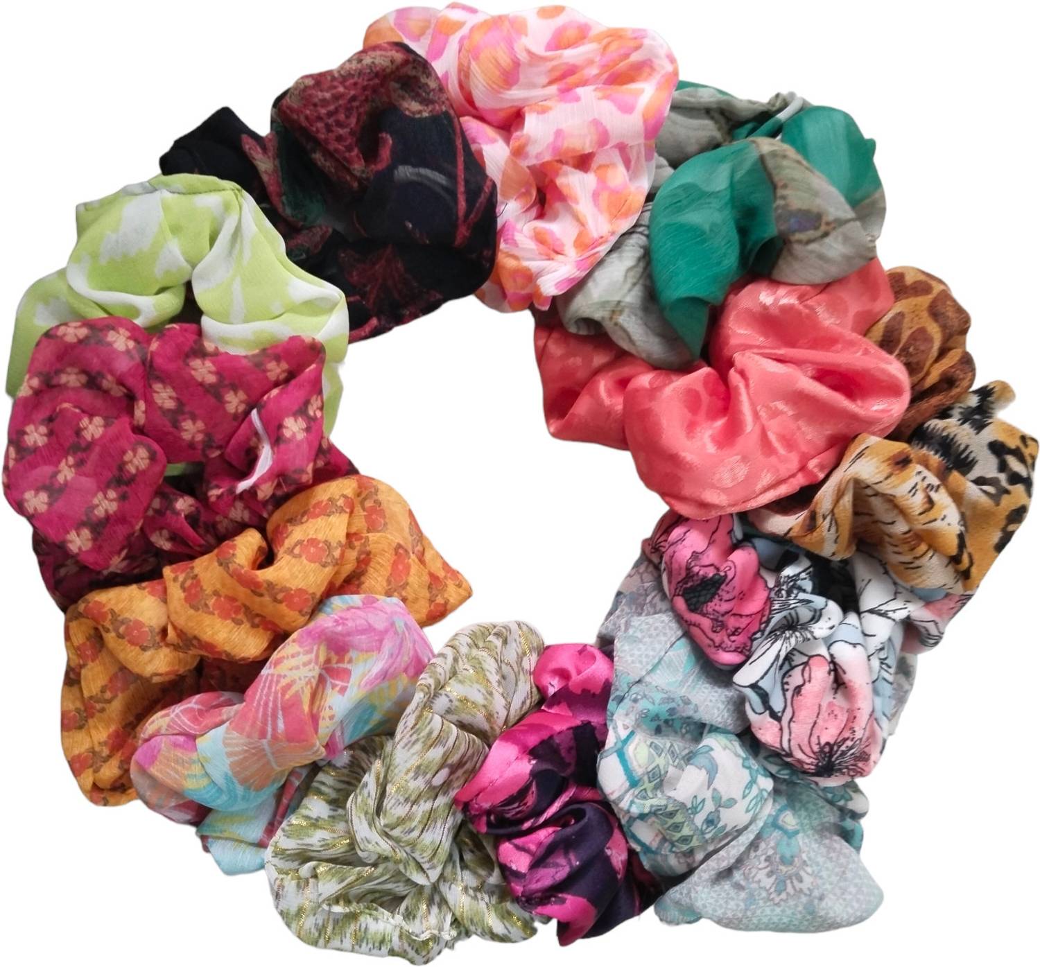 Aksvita satin multicolor flower printed scrunchies for girls ponytail holder(pack of 12) Rubber Band