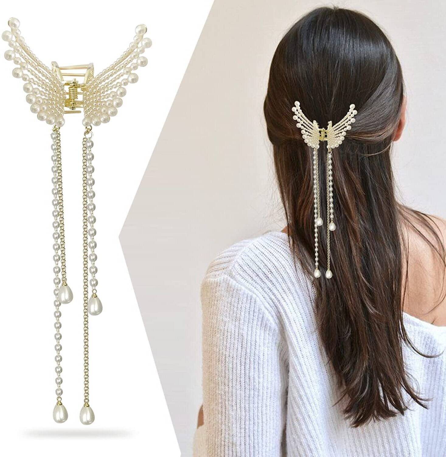 house of common White Pearl Butterfly Metal Hair Clutcher for Women Girls Hair Claw