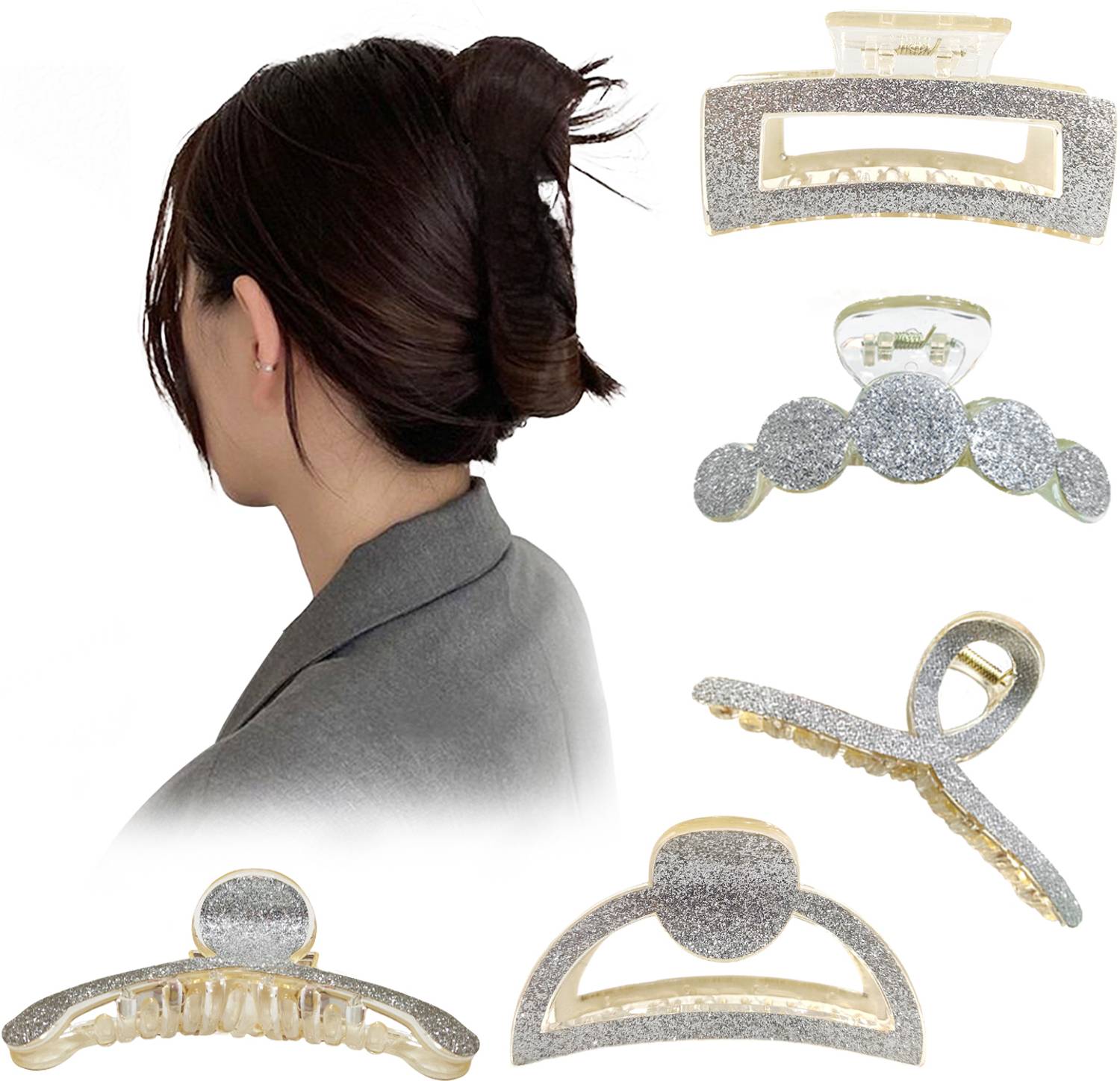 AmazingKarts 5pcs Korean Style Large Silver hair claw Clutches For Women & Girls Hair Claw