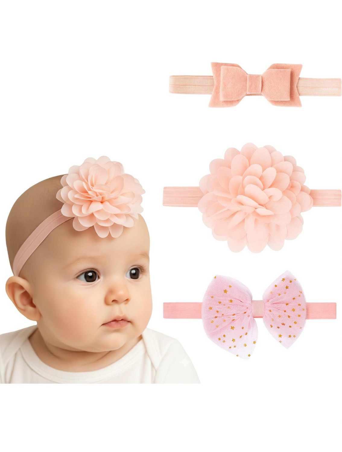 NAISHAM Baby Girl Headbands Set – Soft Flower, Bow & Cute Minnie Designs – 3-Pack Head Band