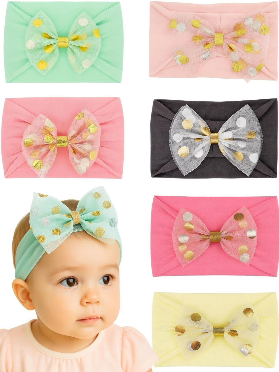 AmazingKarts baby girl kids hairband elastic hair accessory set 6 PCS with gift box-pink Head Band
