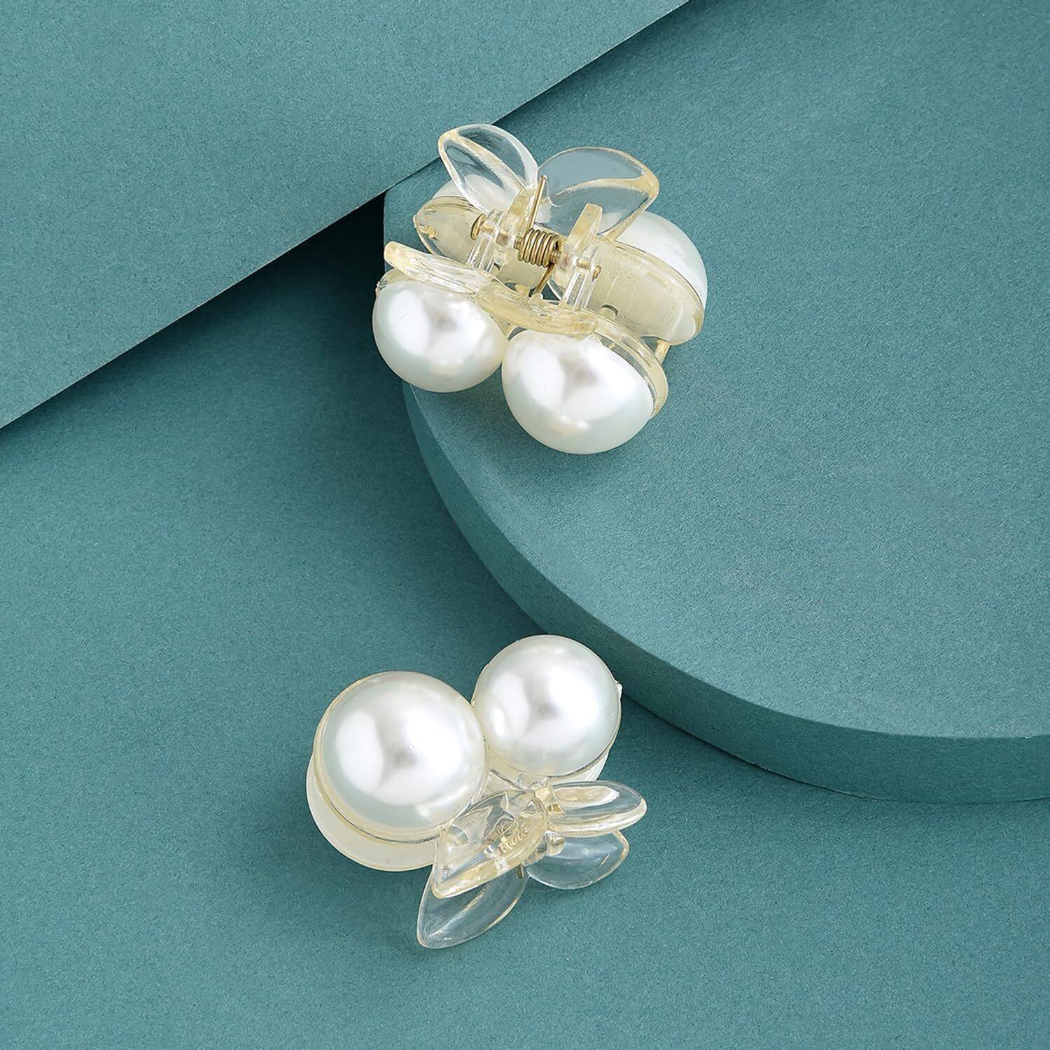 Blubby Mini White Pearl Hair Clutcher Hair Claw Clip for Women Girls (Pack of 2) Hair Claw