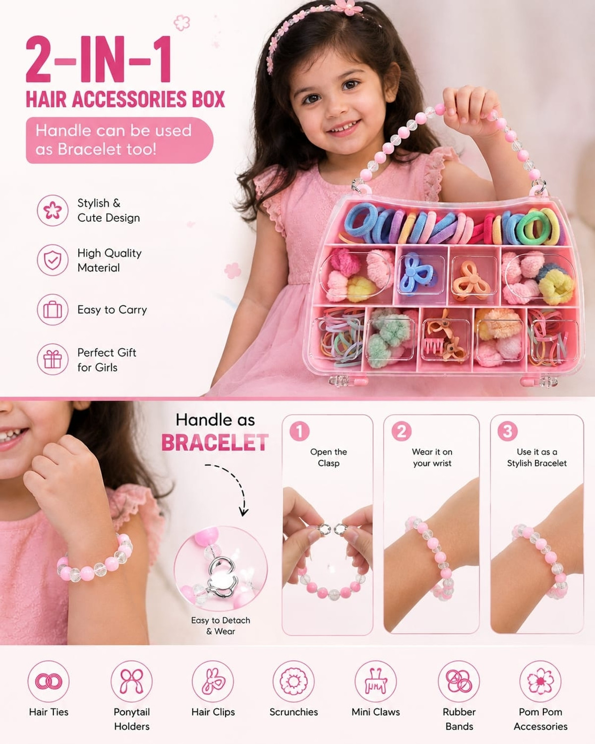 Image of ISHVIKCREATIONS 2-in-1 Hair Accessories Storage Box for Girls with Bracelet Handle Hair Accessory Set