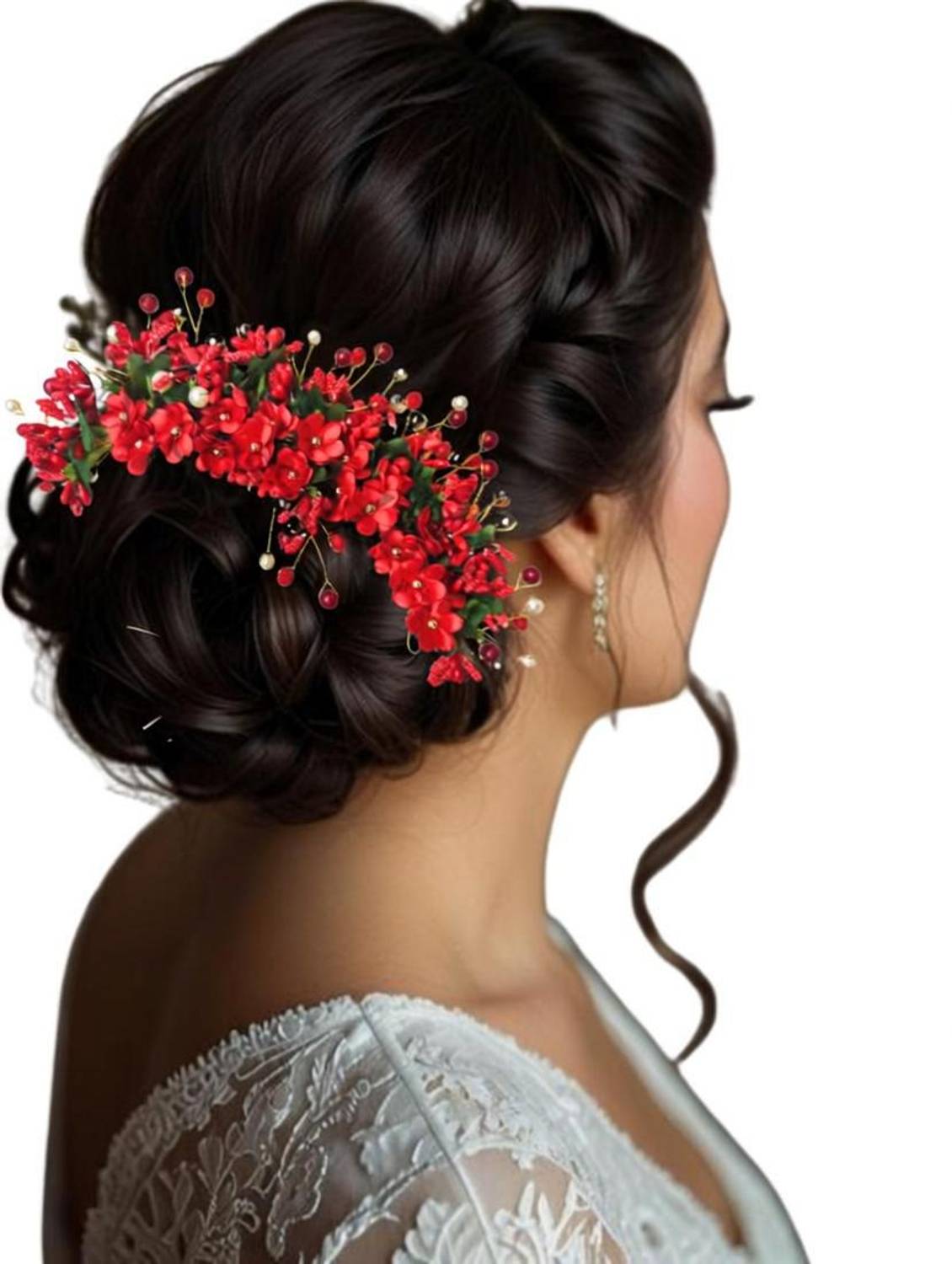 AccessoZone Bridal Floral Hair Bun Accessory with Red Artificial Flowers for Women Hair Accessory Set