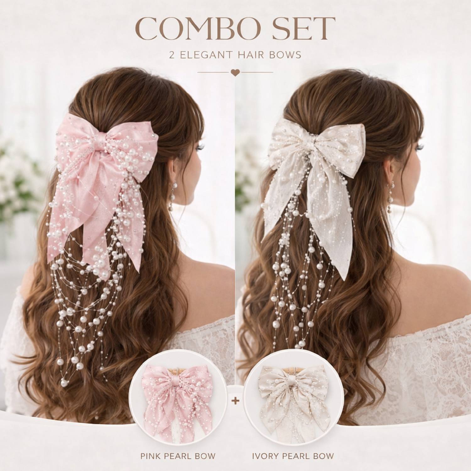 Embellished Satin Bow Headband in Ivory Oatmeal Satin Baby Bow | Baby Bling® – Baby Bling Bows main image 3