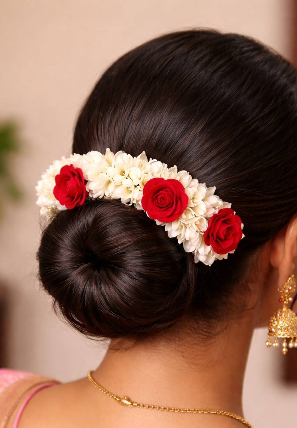 Auraa Artificial Jasmine & Rose Gajra Hair Band for Women (Red & White, 5 Inch) Hair Band