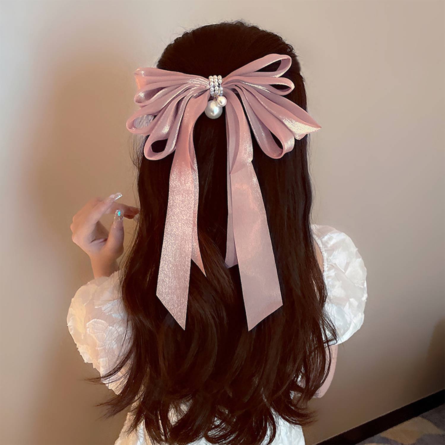 AmazingKarts 1pcs Fashion Pearl Bow Hair Clip Women And Girls Made With Silk Satin Hair Clip. Hair Clip