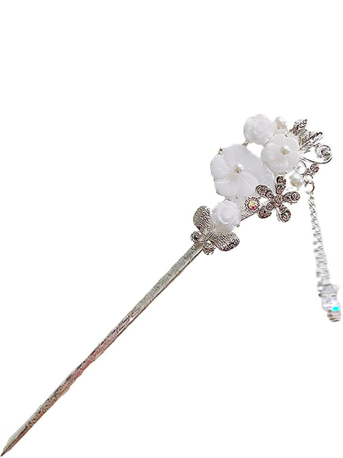 Image of SYGA Ancient Style Pearl Metal Hair Stick For Women Girls-White Flower Bun Stick
