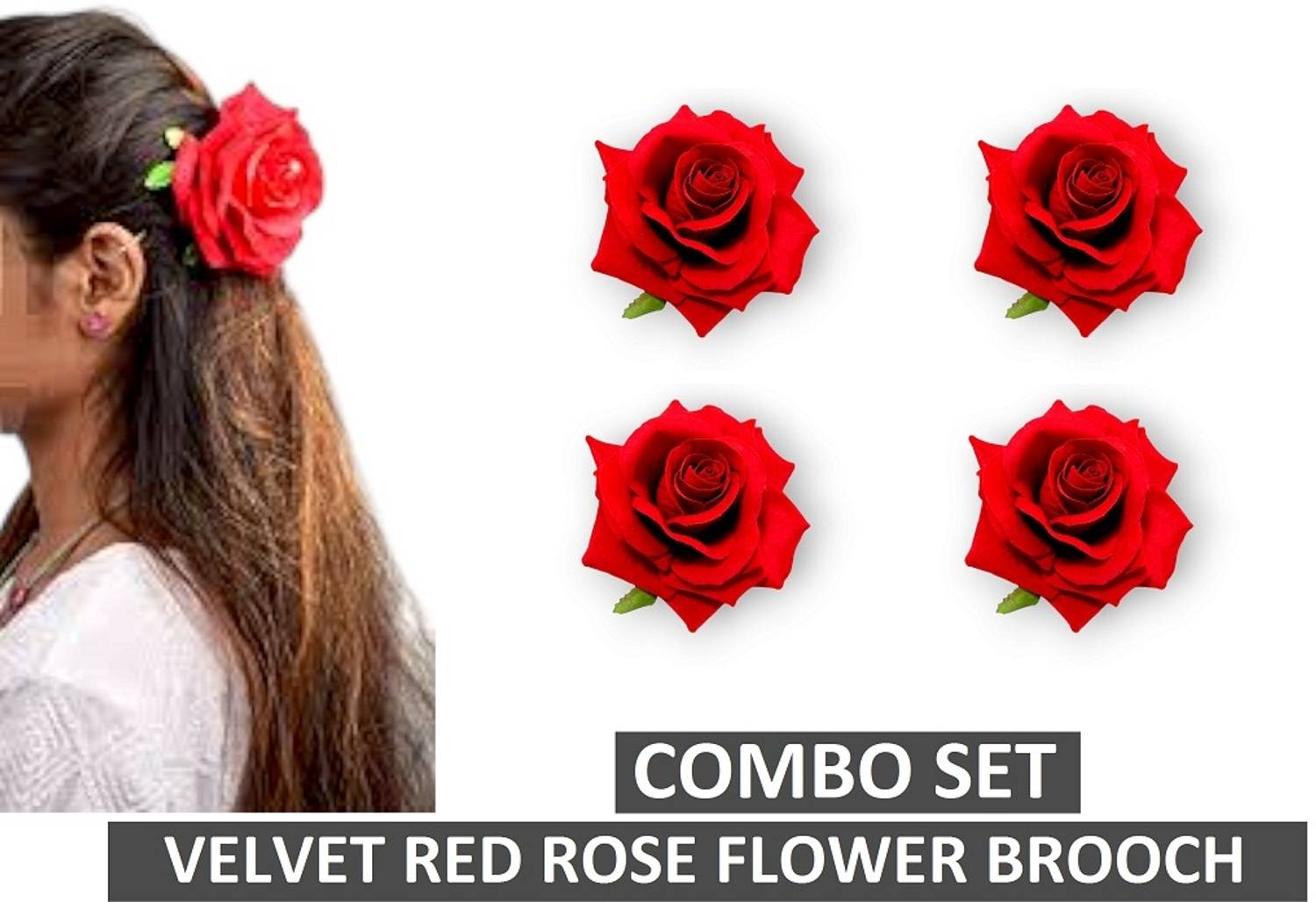 Abhilasha Velvet Red Rose Flower Brooch For Wedding, Party or Meetings COMBO Tic Tac Clip