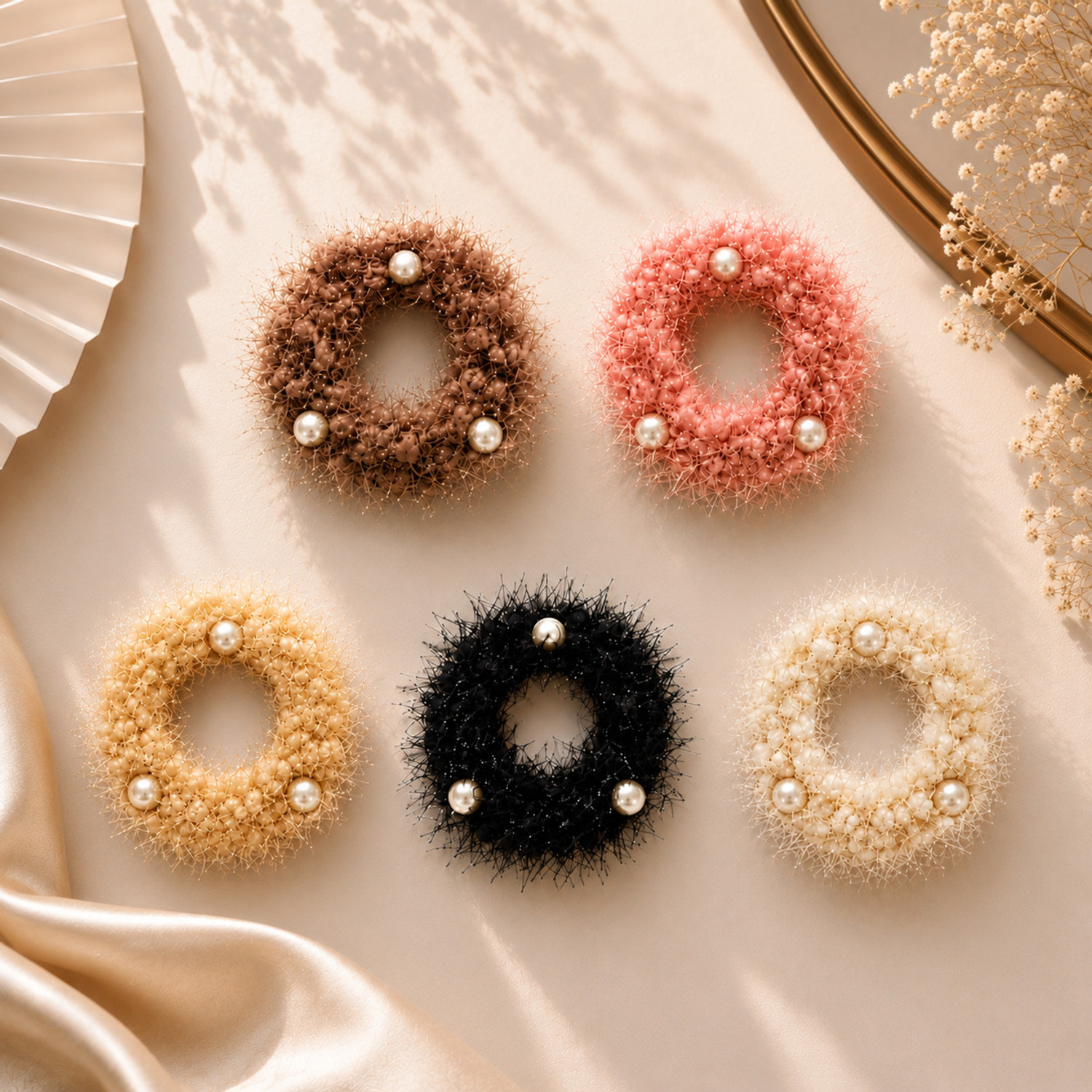 Image of CraftyGlam by Chitrakala Premium Pearl Embellished Fuzzy Scrunchies for Women & Girl Pack of 5 Rubber Band