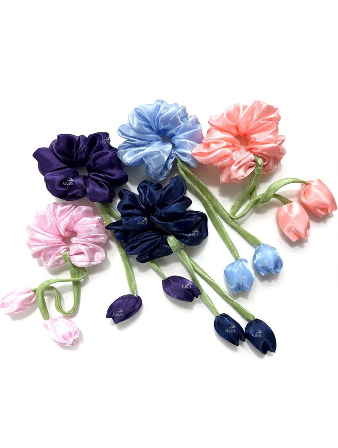 Alucia 5 Korean Tulip Satin Hair Scrunchies Ponytail Holder for Women Girls Rubber Band