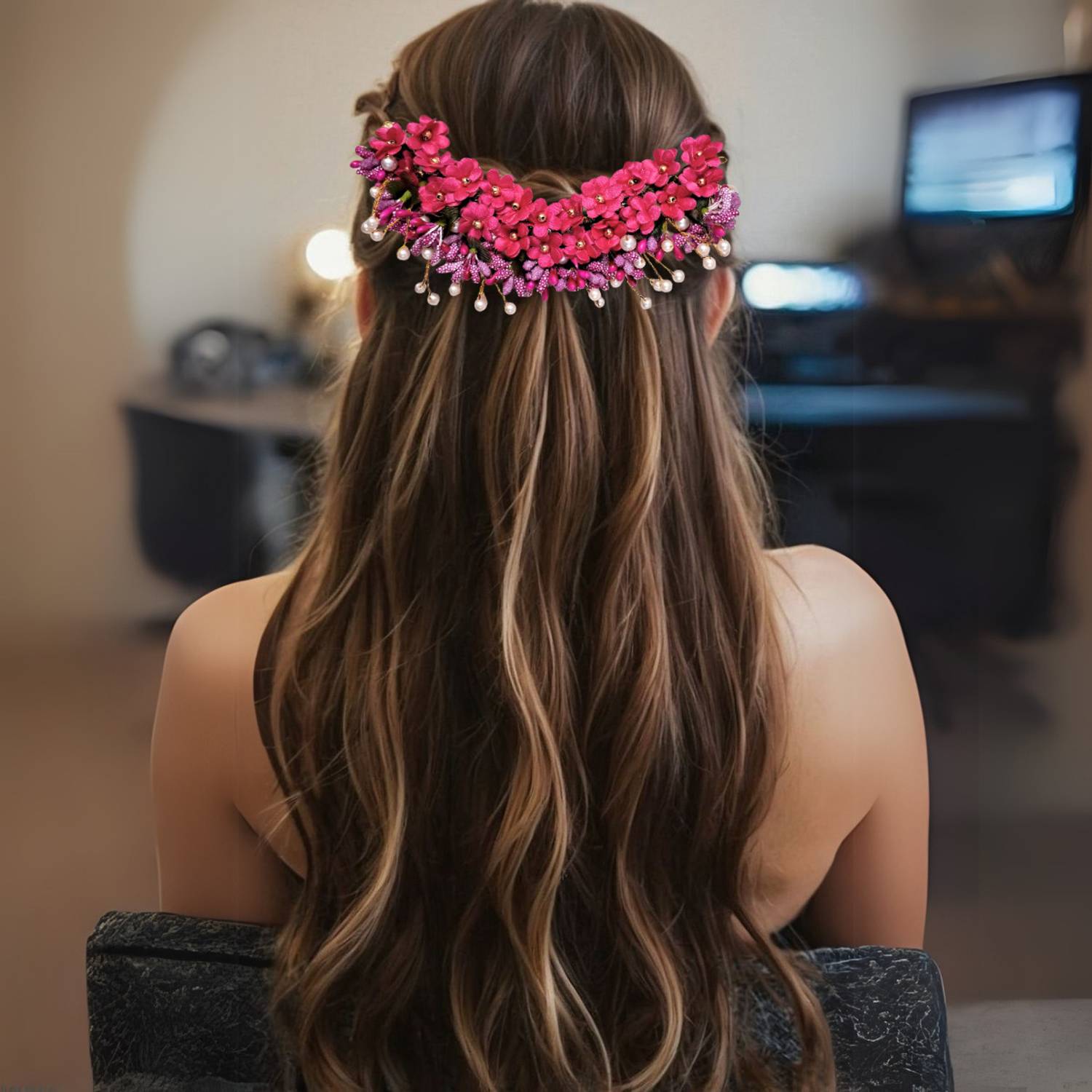 AccessoZone Pink Floral Juda Gajra – 8-Inch Artificial Hair Bun Accessory with Pearl Drops Hair Accessory Set