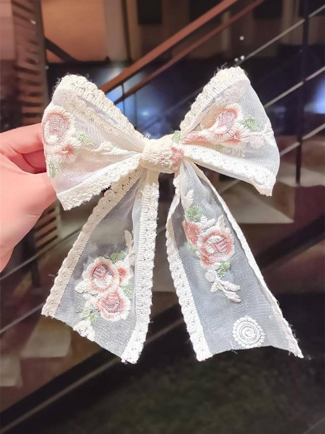 AALIYA INTERNATIONAL Floral Embroidered Hair Bow Clip, Lace Trim, Large Ribbon Hair Accessory Hair Clip