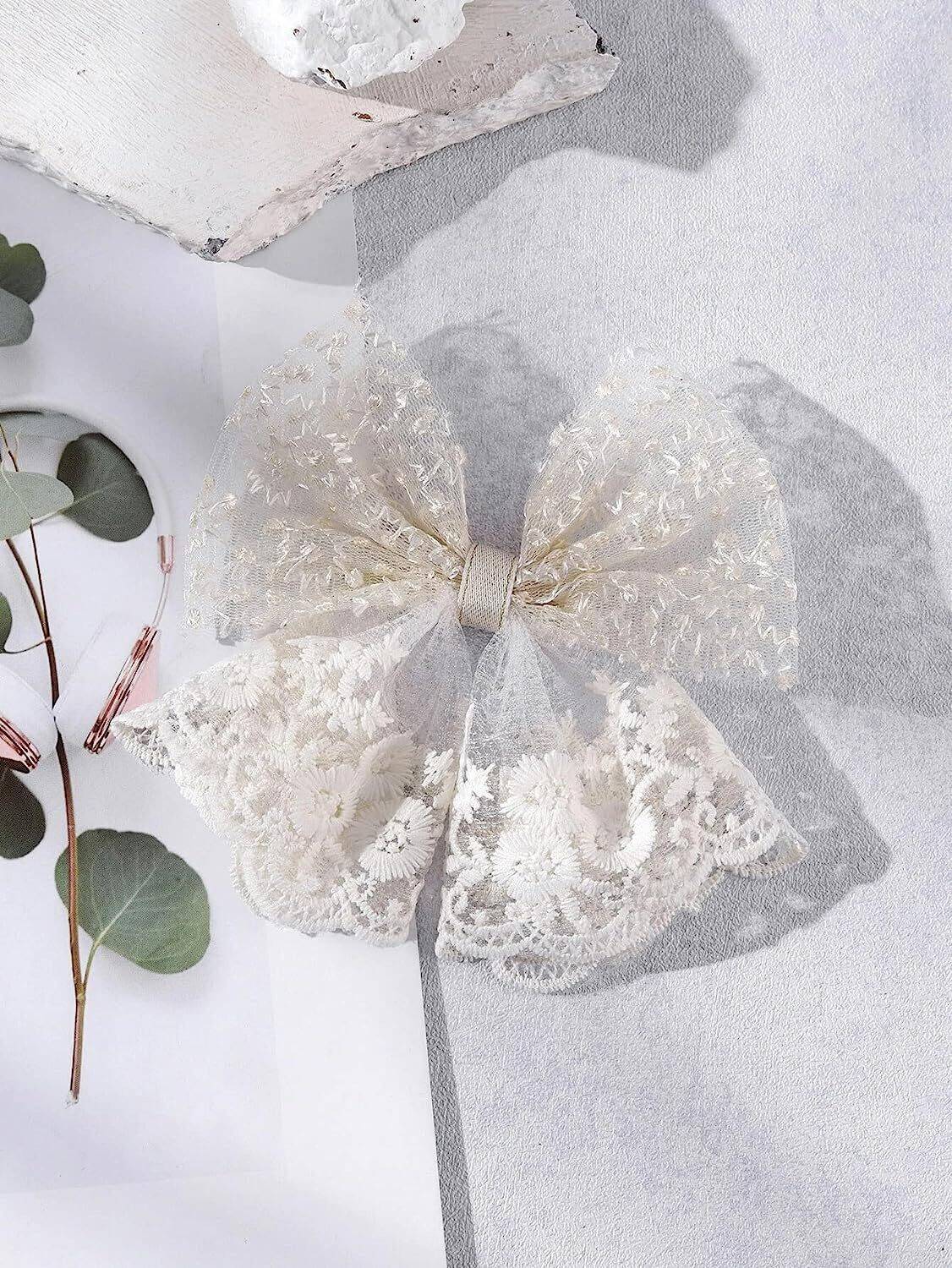 Ashkash Net Embroidery Hair Bow Clip Bowknot Hair Slides Metal Duckclip With Ribbon Hair Clip