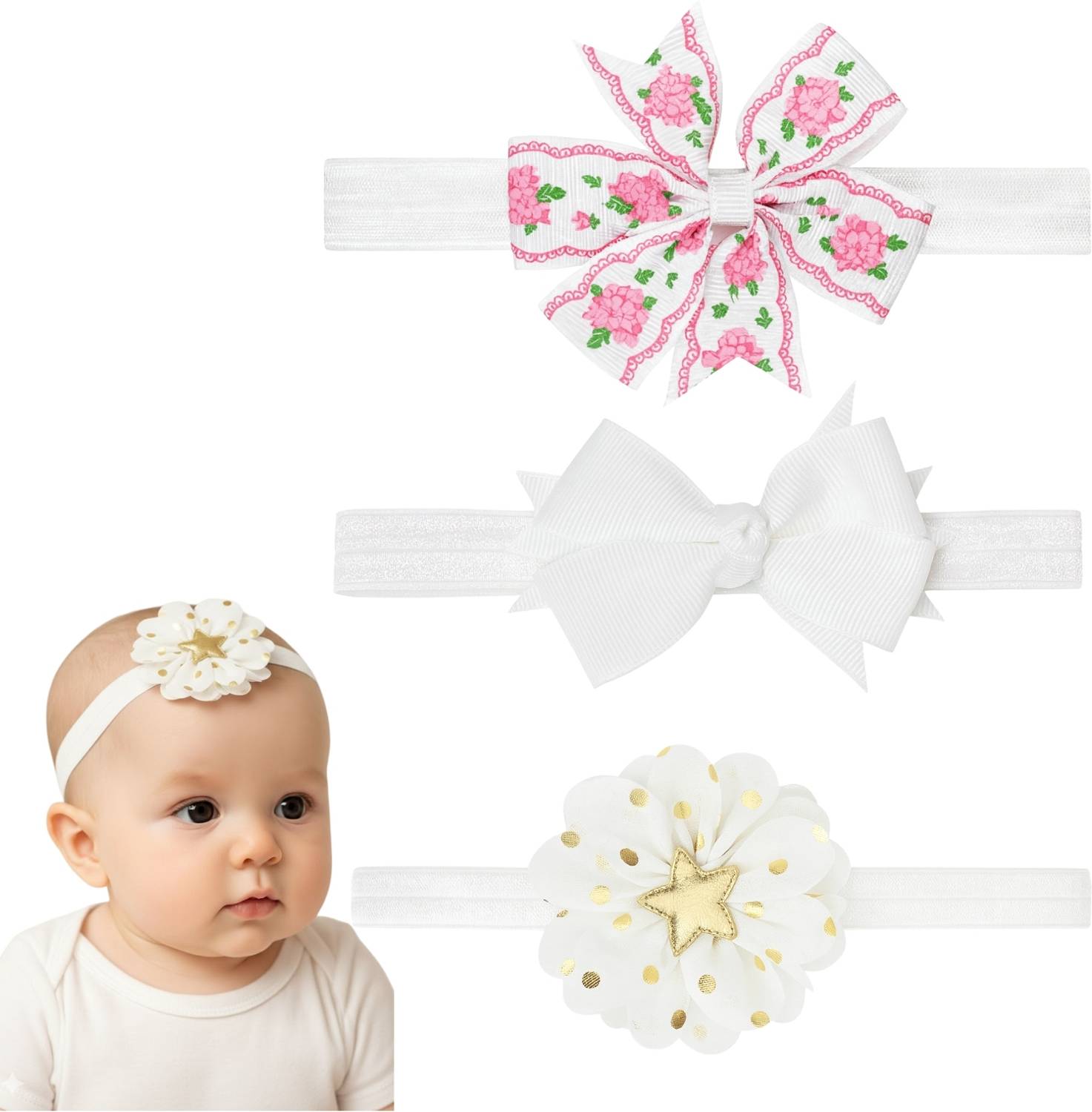 AmazingKarts Soft Stretch Baby Headbands With Big Bows – 3 Pack Head Band