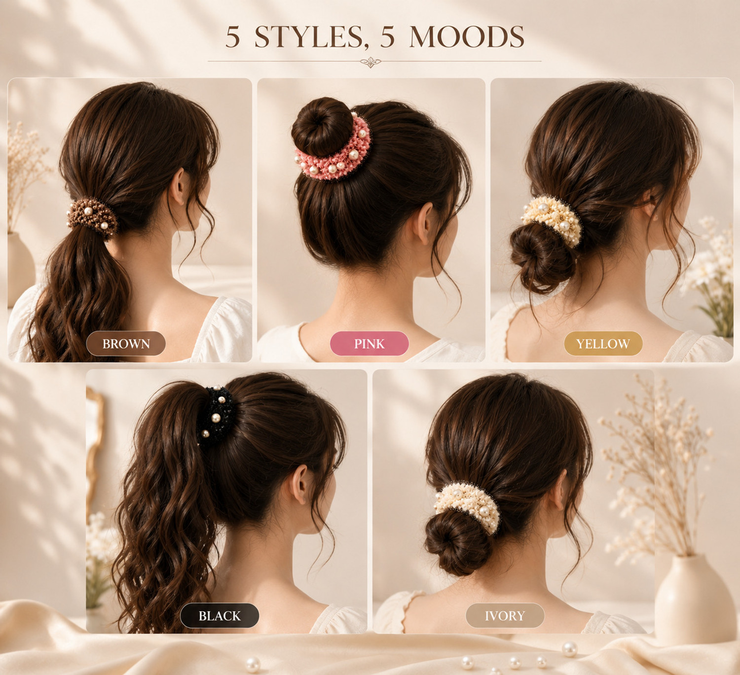 Image of CraftyGlam by Chitrakala Premium Pearl Embellished Fuzzy Scrunchies for Women & Girl Pack of 5 Rubber Band