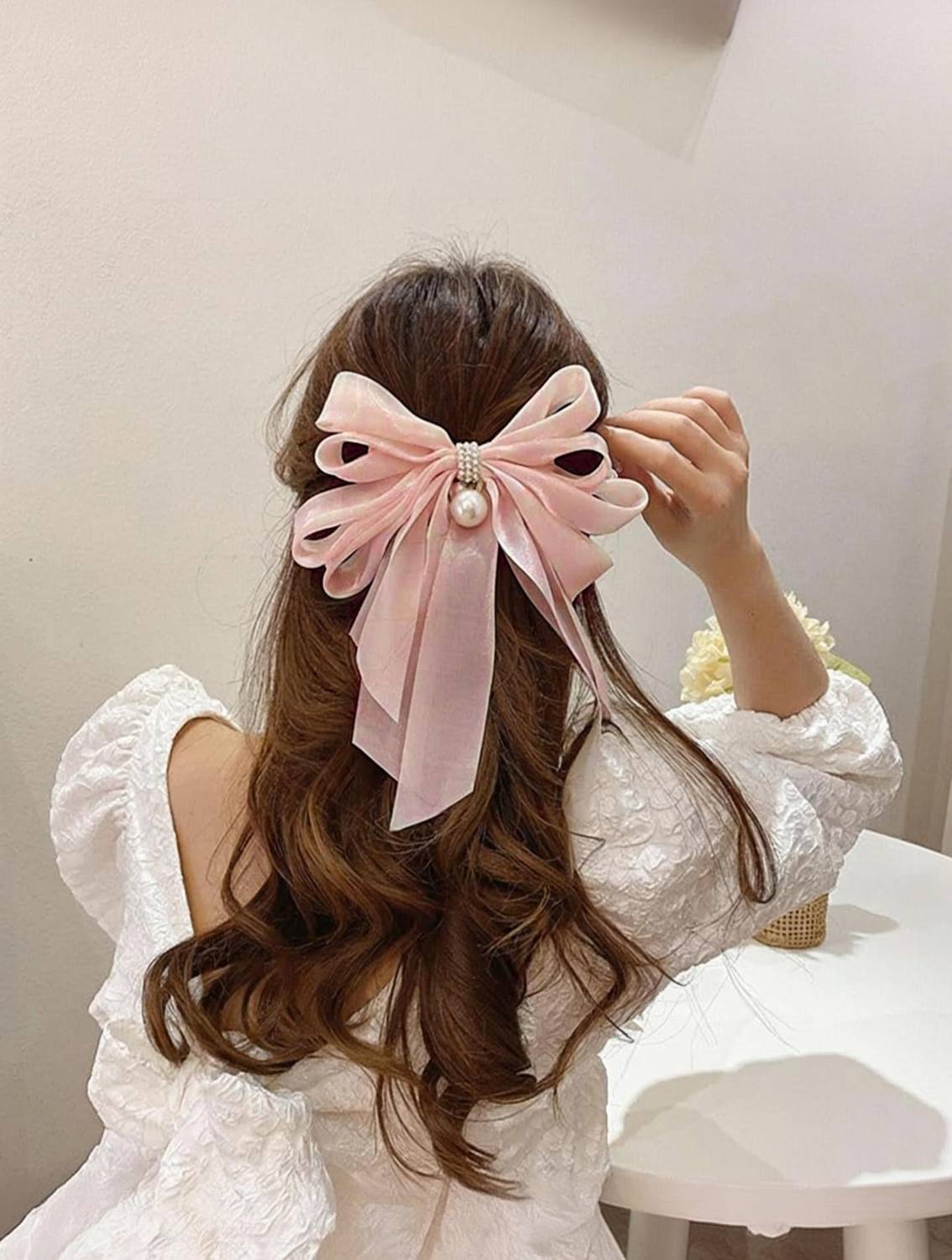 AmazingKarts 1pcs Fashion Pearl Bow Hair Clip Women And Girls Made With Silk Satin Hair Clip. Hair Clip