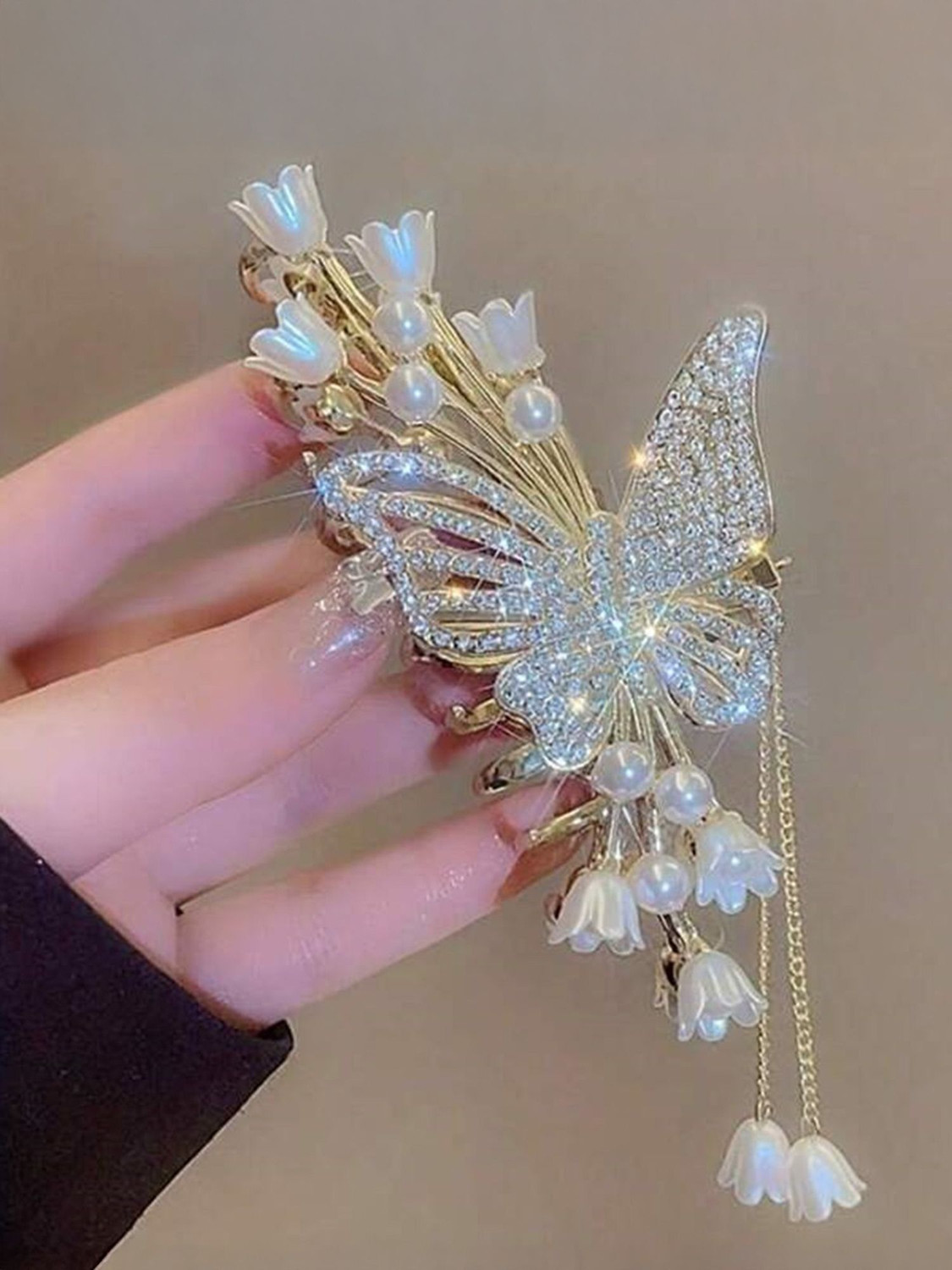 Image of BeautyCulture Premium Large Butterfly Rhinestone Faux Pearl Tassel Fringe Hair Clip Hair Hair Claw