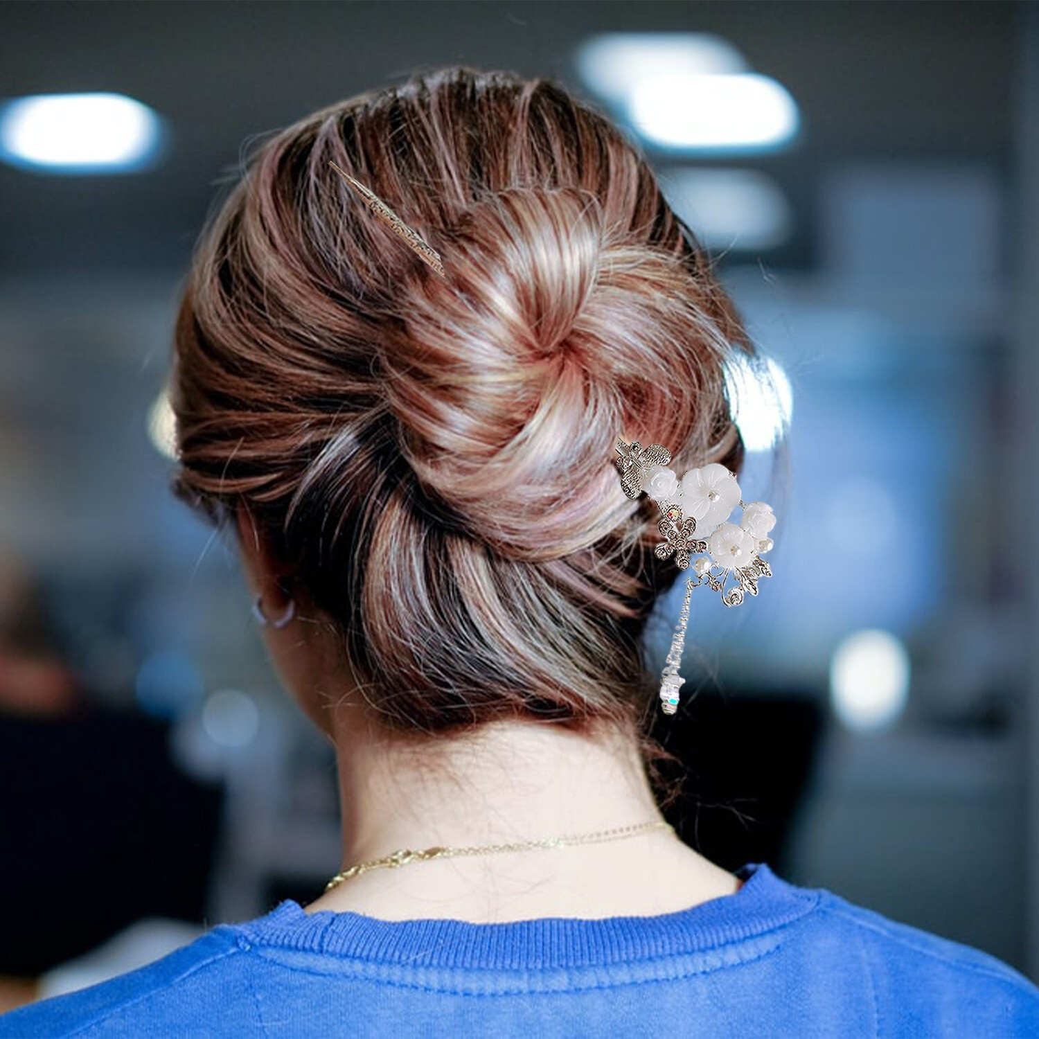 Image of SYGA Ancient Style Pearl Metal Hair Stick For Women Girls-White Flower Bun Stick