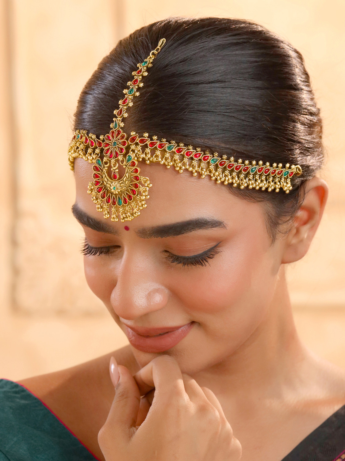 Image of YELLOW CHIMES Women Gold Toned Bridal layered Beaded Traditional Mathapatti Hair Chain