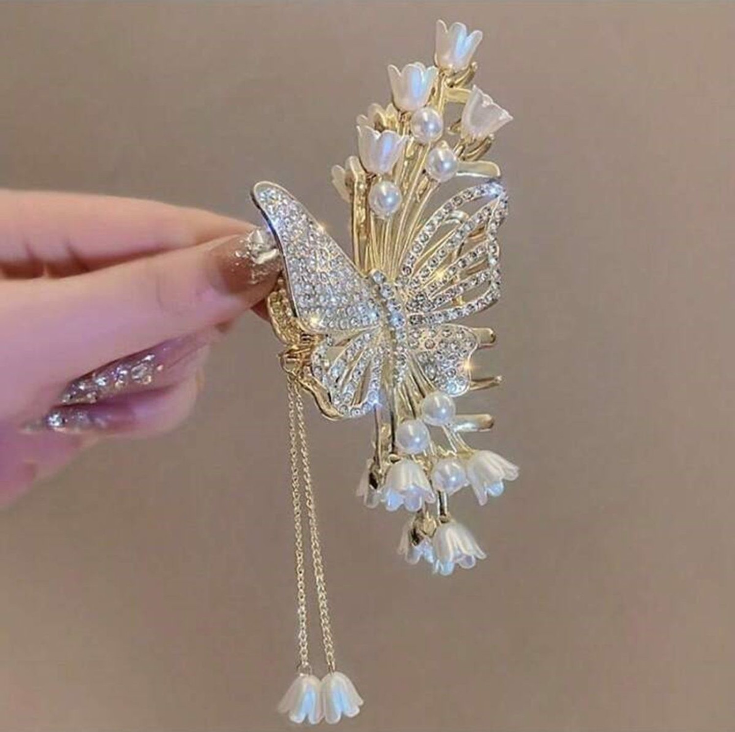 Image of BeautyCulture Premium Large Butterfly Rhinestone Faux Pearl Tassel Fringe Hair Clip Hair Hair Claw
